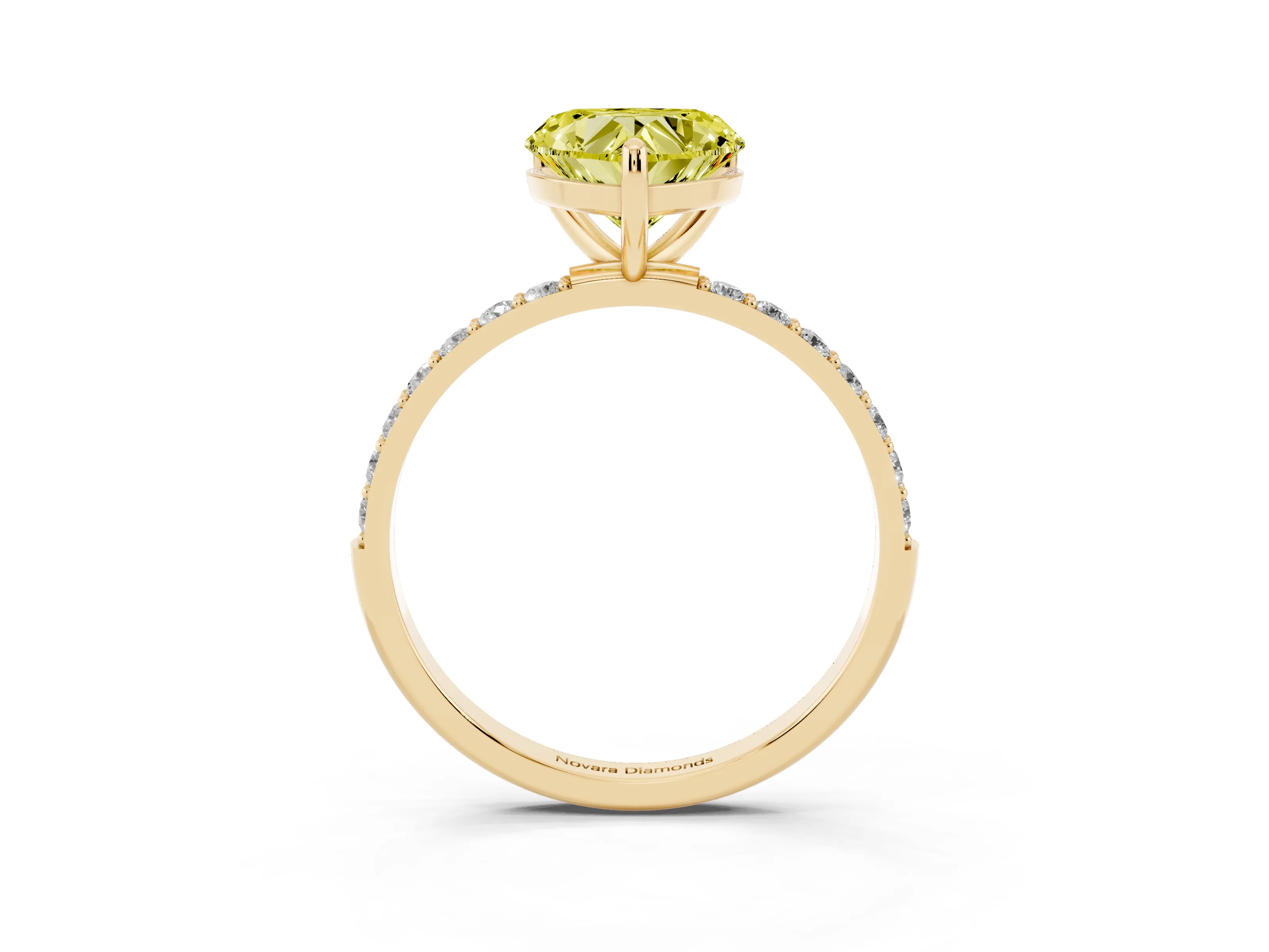 Fancy Yellow Heart Cut Diamond Solitaire Ring Set in Yellow gold with Round Pavé Band and Prong Setting