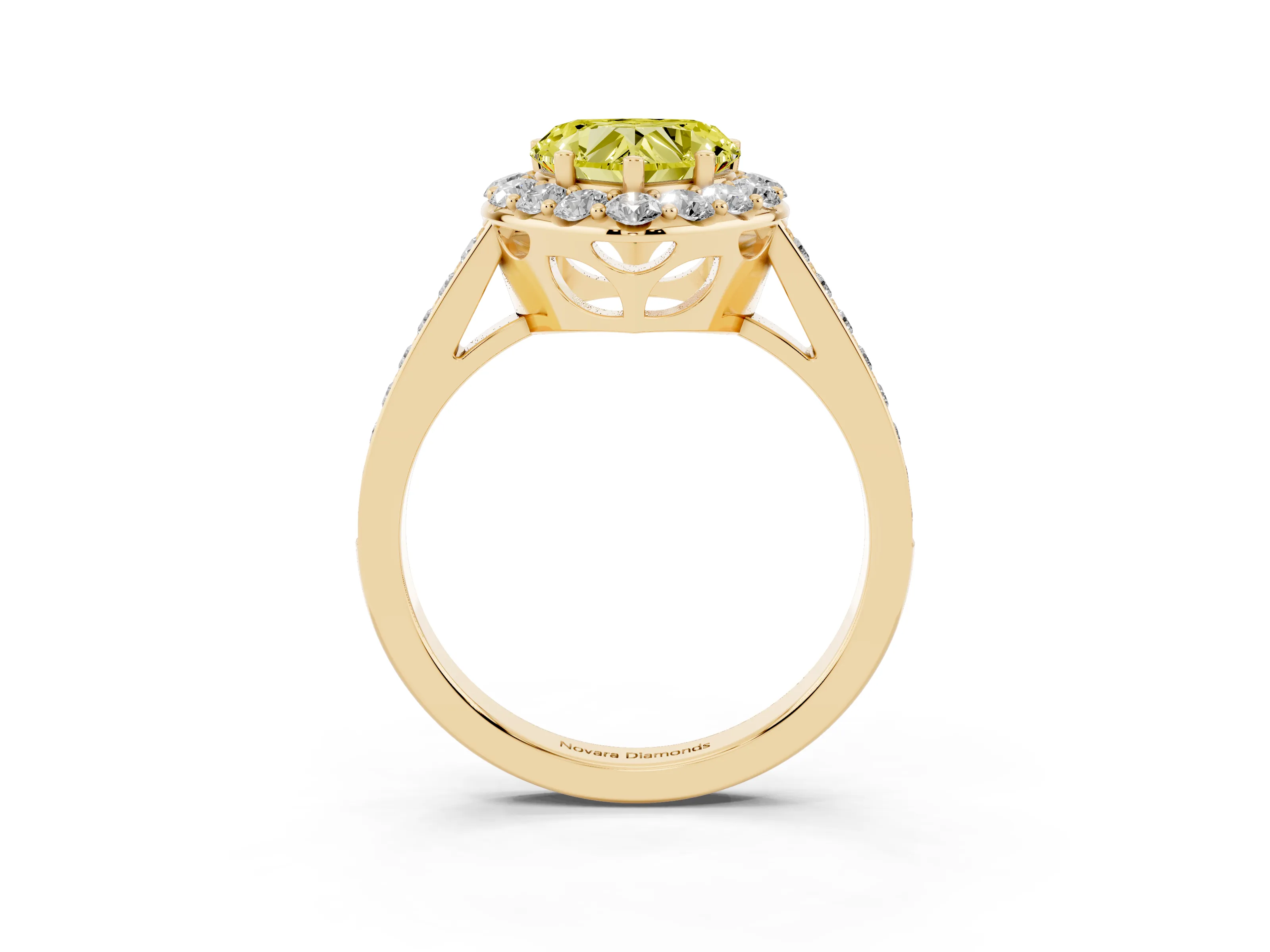 Fancy Yellow Heart Cut Diamond Floral Halo Ring Set in Yellow gold with Pavé Band and Prong Setting
