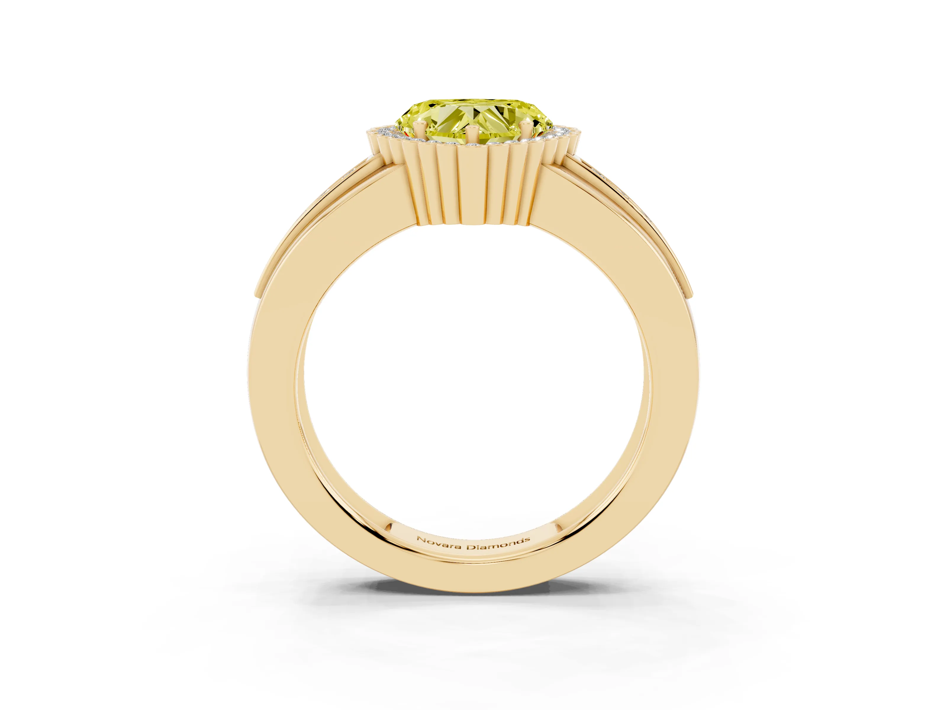 Fancy Yellow Heart Cut Diamond Halo Prong Ring Set in Yellow gold with Pavé Band