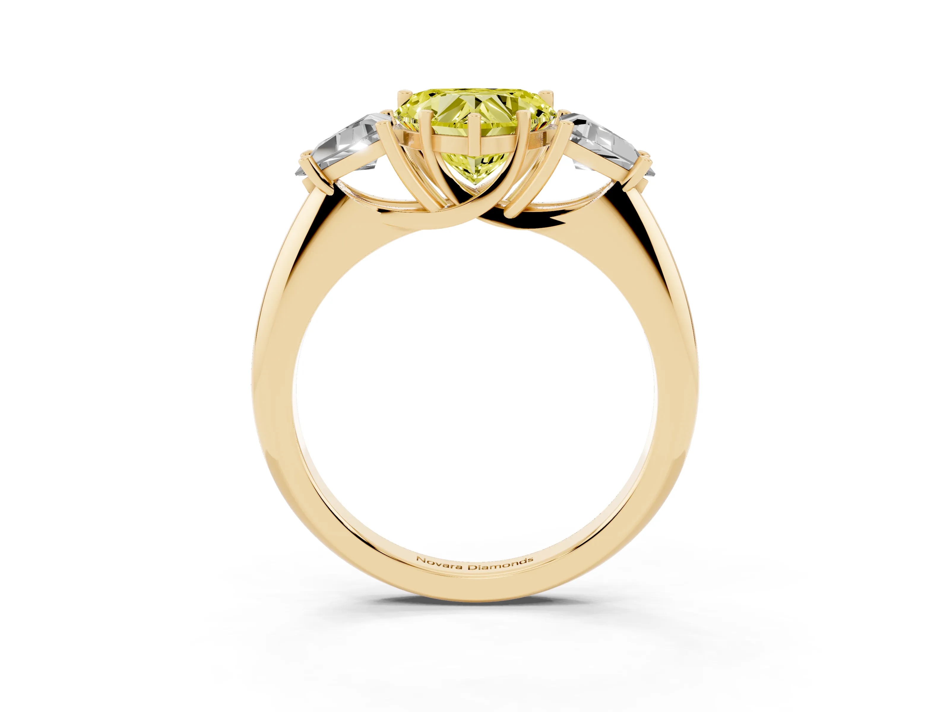 Fancy Yellow Heart Cut Diamond Three-Stone Engagement Ring Set in Yellow gold with Trillion Side Stones