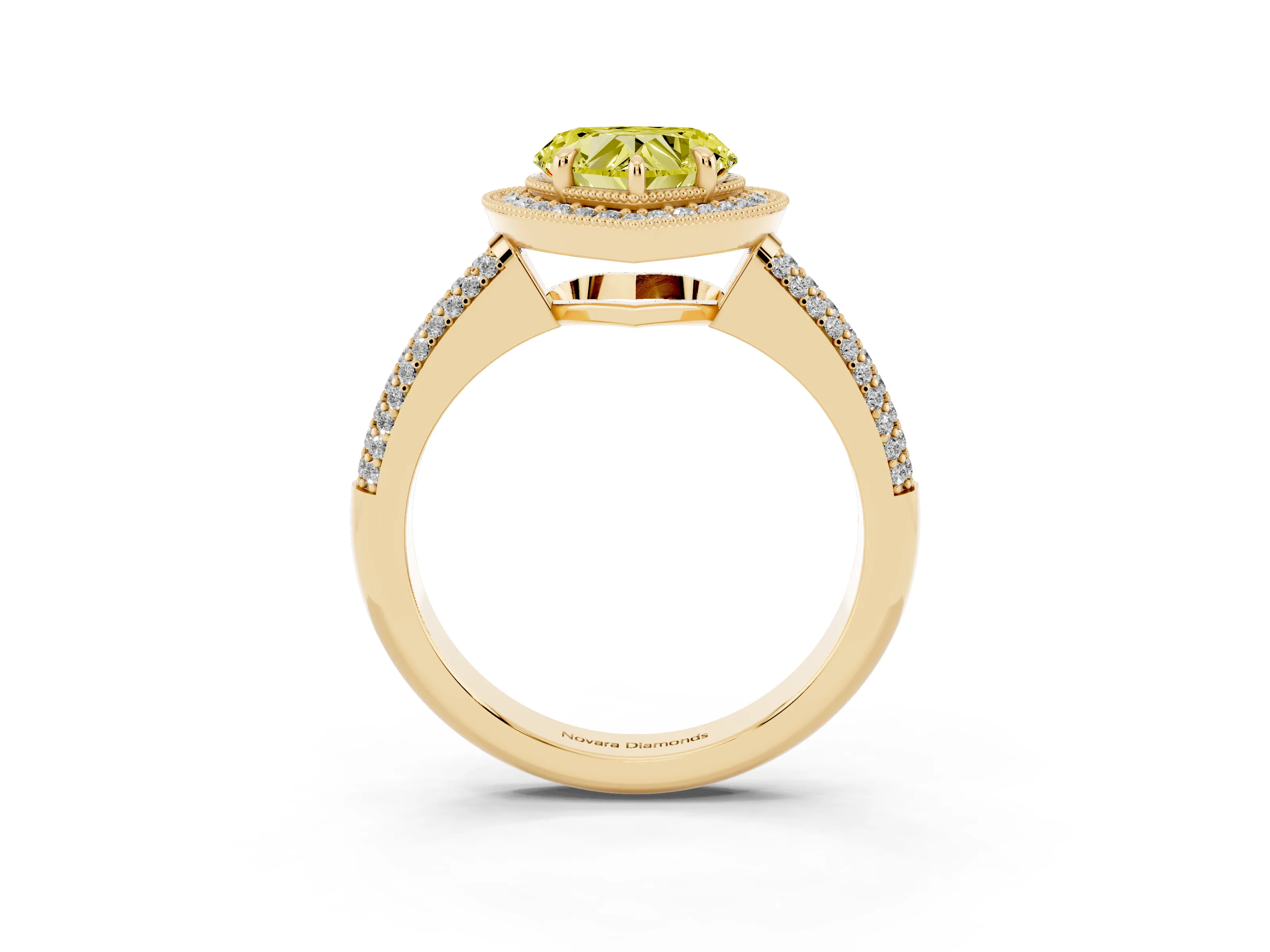 Fancy Yellow Heart Cut Diamond Halo Pavé Band Set in Yellow gold with Prong Setting