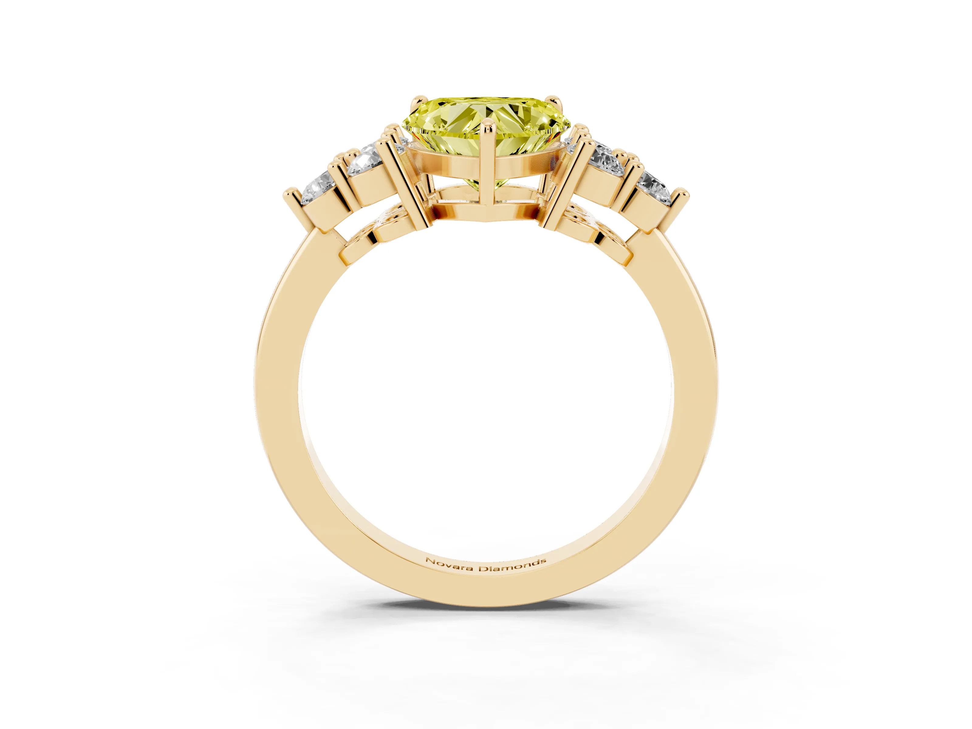 Fancy Yellow Heart Cut Diamond Solitaire Ring Set in Yellow gold with Cluster Accents on Each Side