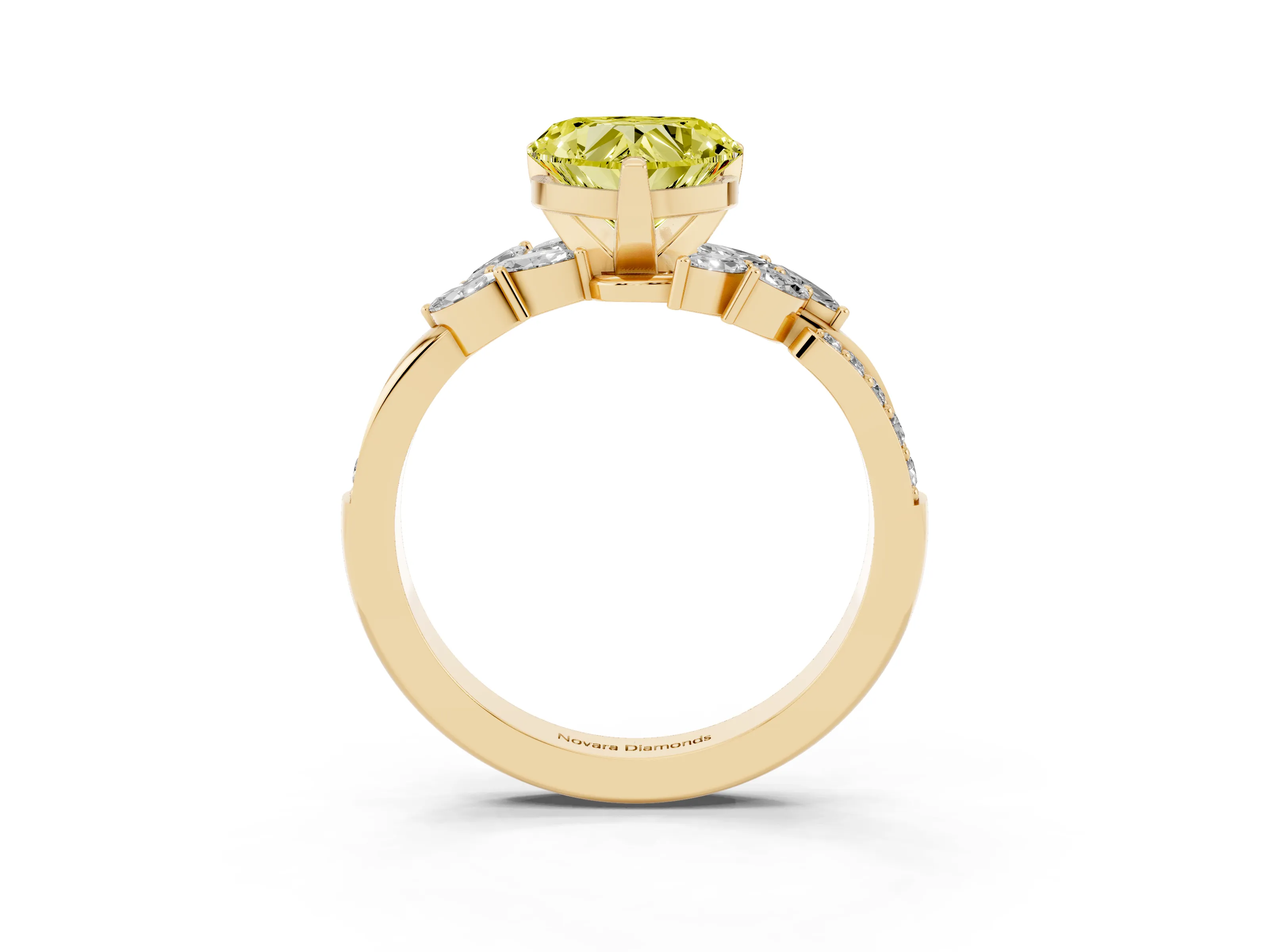Fancy Yellow Heart Cut Diamond Solitaire Ring Set in Yellow gold with Marquise Twist Band and Prong Setting