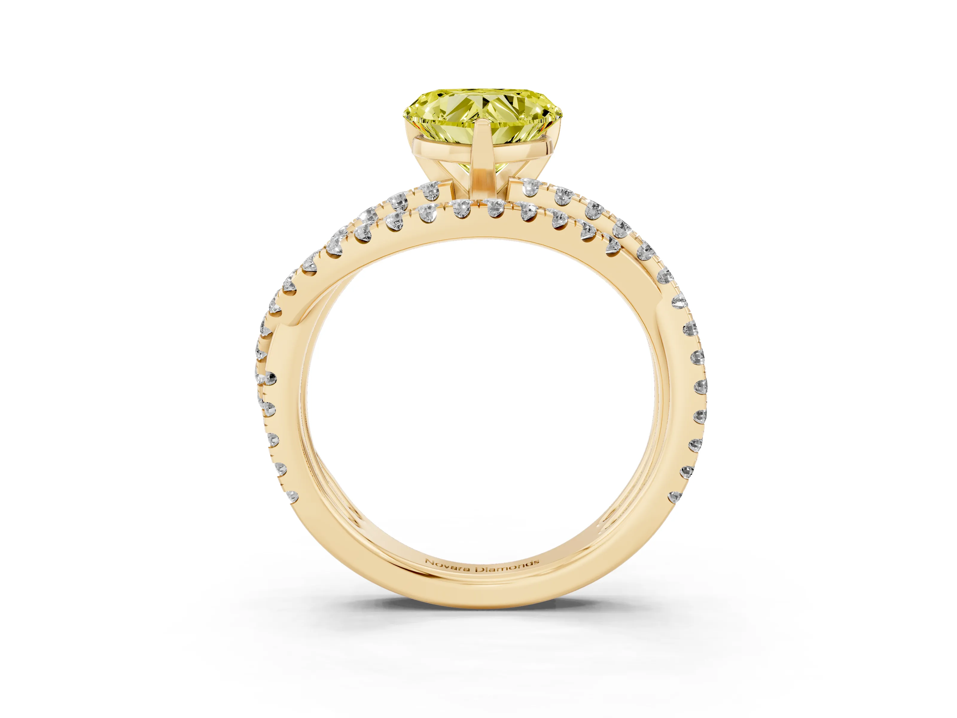 Fancy Yellow Heart Cut Diamond Solitaire Twist Band Ring Set in Yellow gold with Pavé Setting and Prong Head