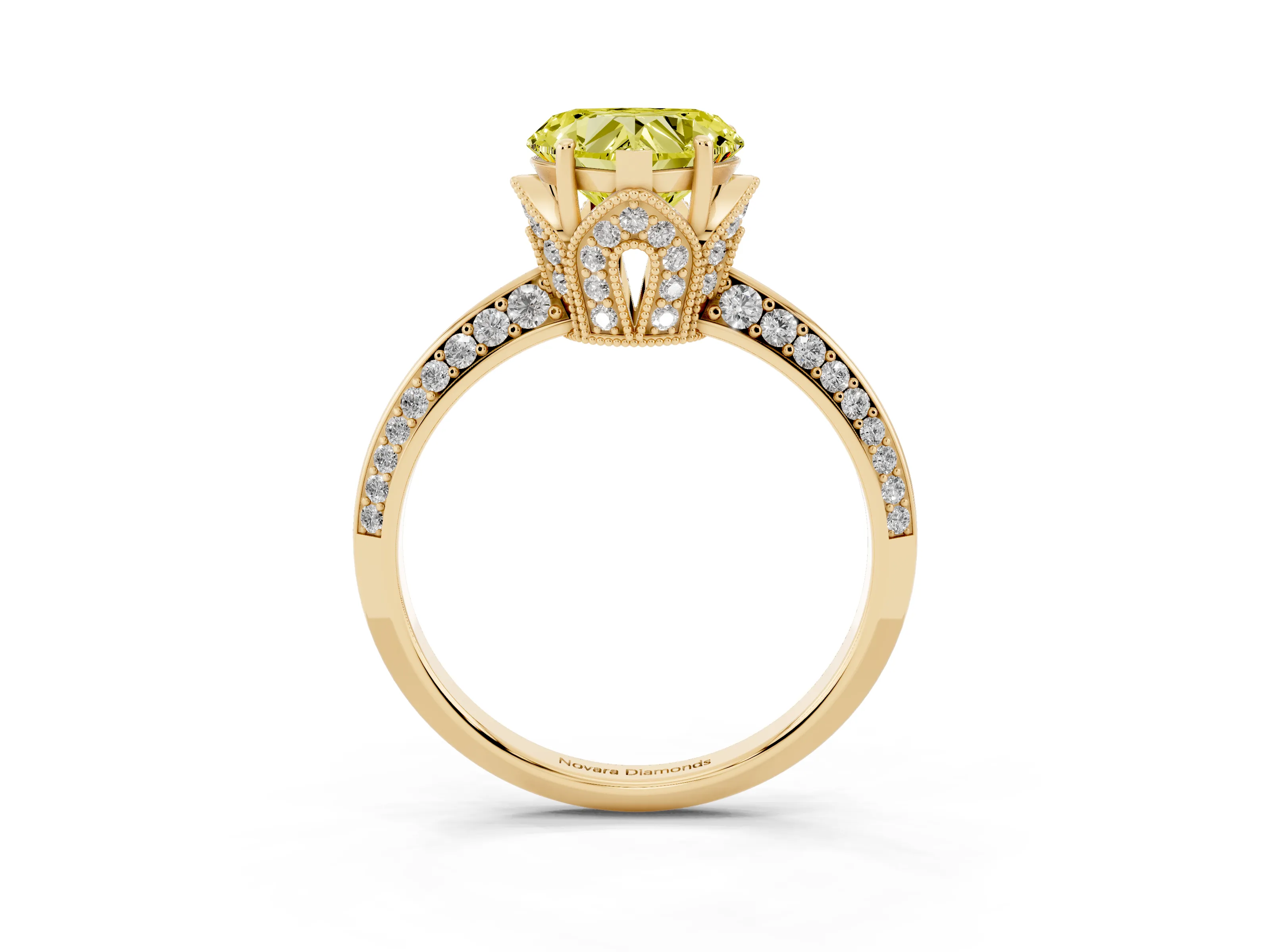 Fancy Yellow Heart Cut Diamond Solitaire Engagement Ring Set in Yellow gold with Pavé Split Shank and Prong Setting