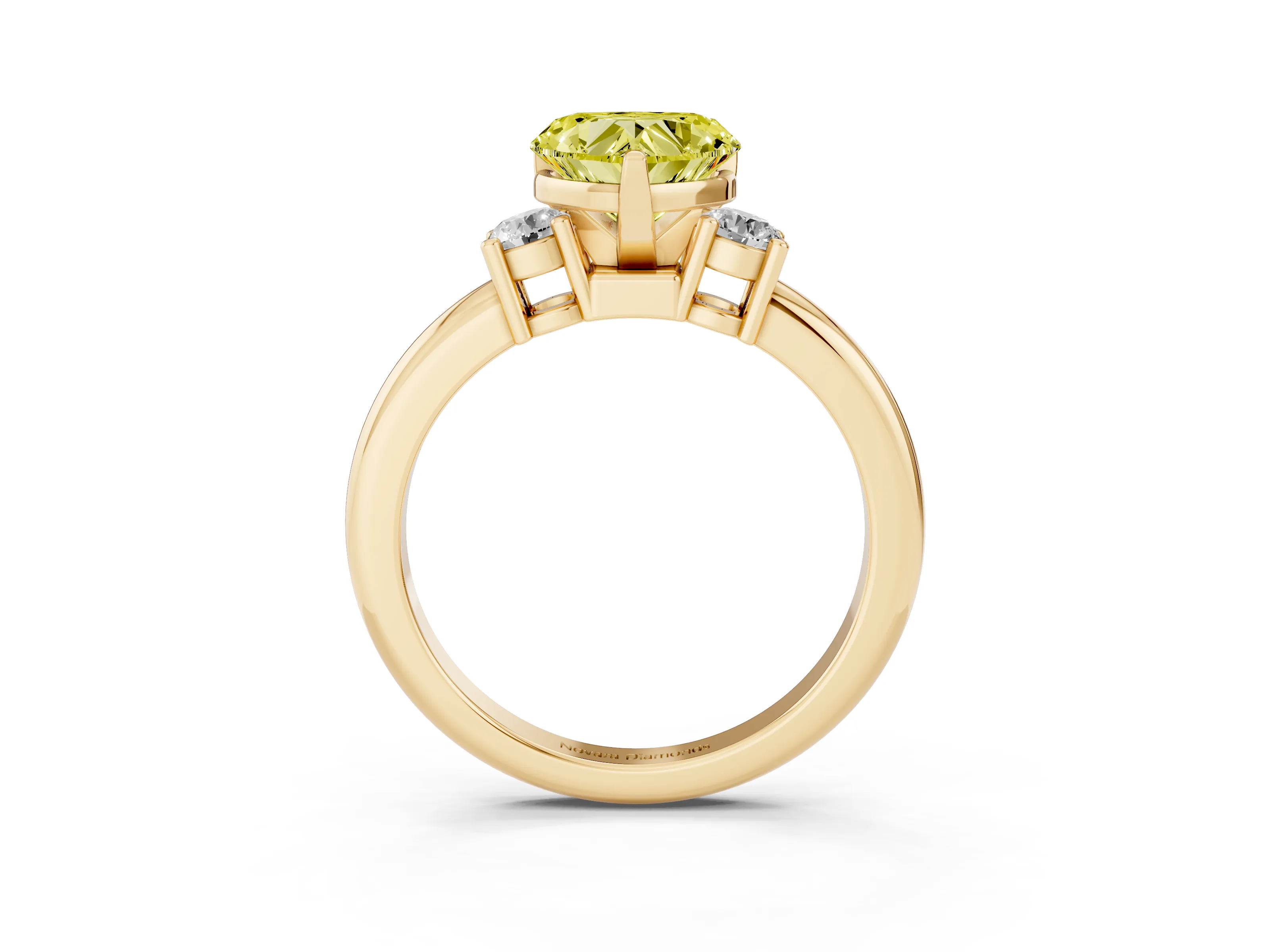 Fancy Yellow Three-Stone Heart Cut Diamond Ring Set in Yellow gold with Prong Setting and Plain Band