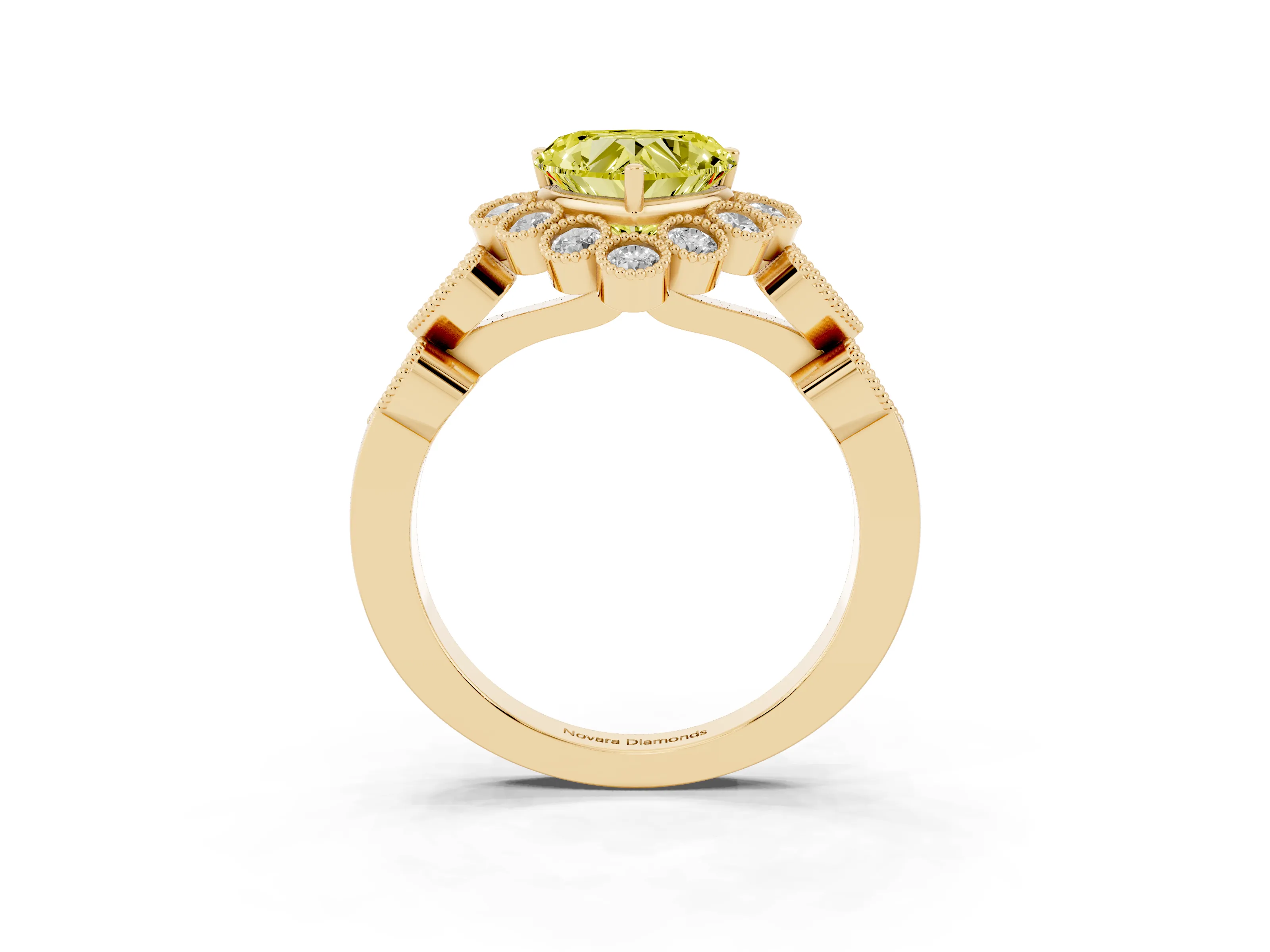 Fancy Yellow Heart Cut Diamond Solitaire Ring Set in Yellow gold with Milgrain Pavé Heart Band