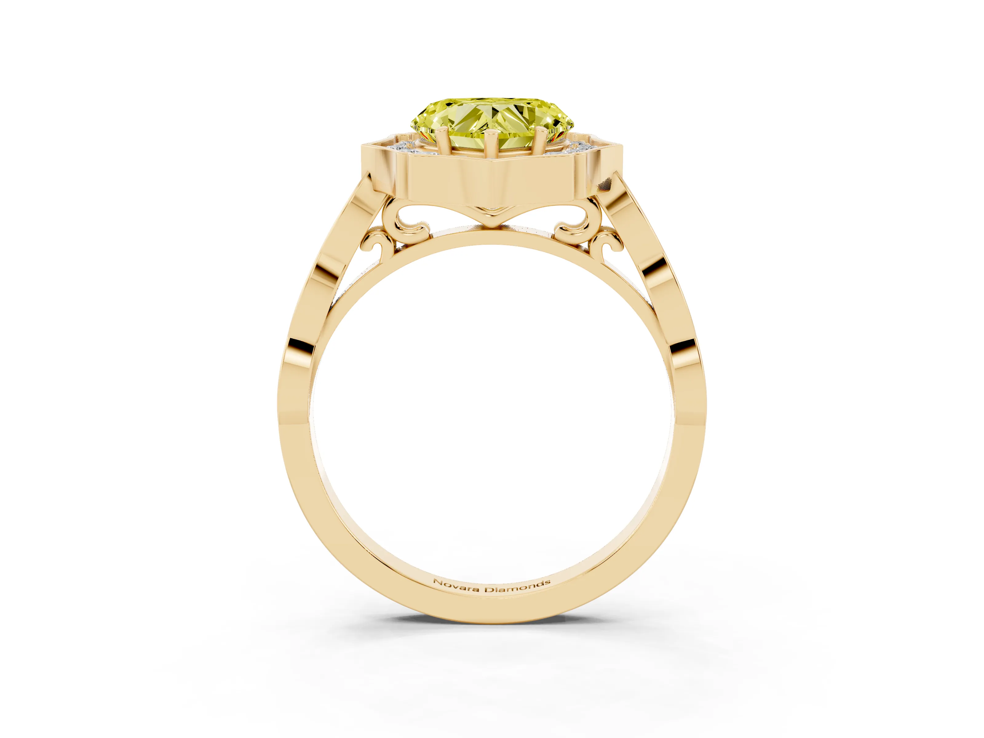 Fancy Yellow Heart Cut Diamond Halo Engagement Ring Set in Yellow gold with Milgrain Band and Prong Setting