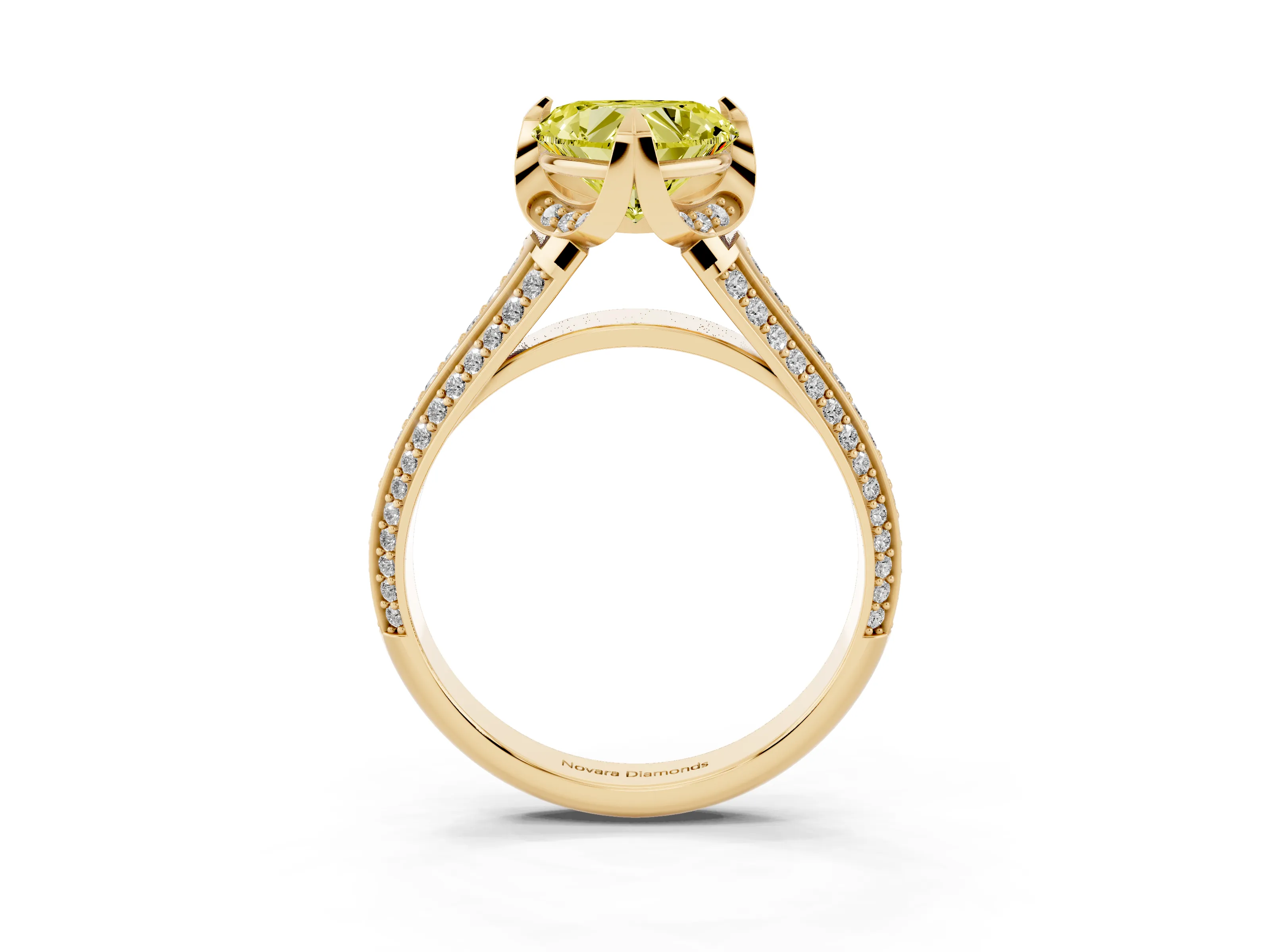 Fancy Yellow Heart Cut Diamond Pavé Split Shank Solitaire Ring Set in Yellow gold with Prong Setting