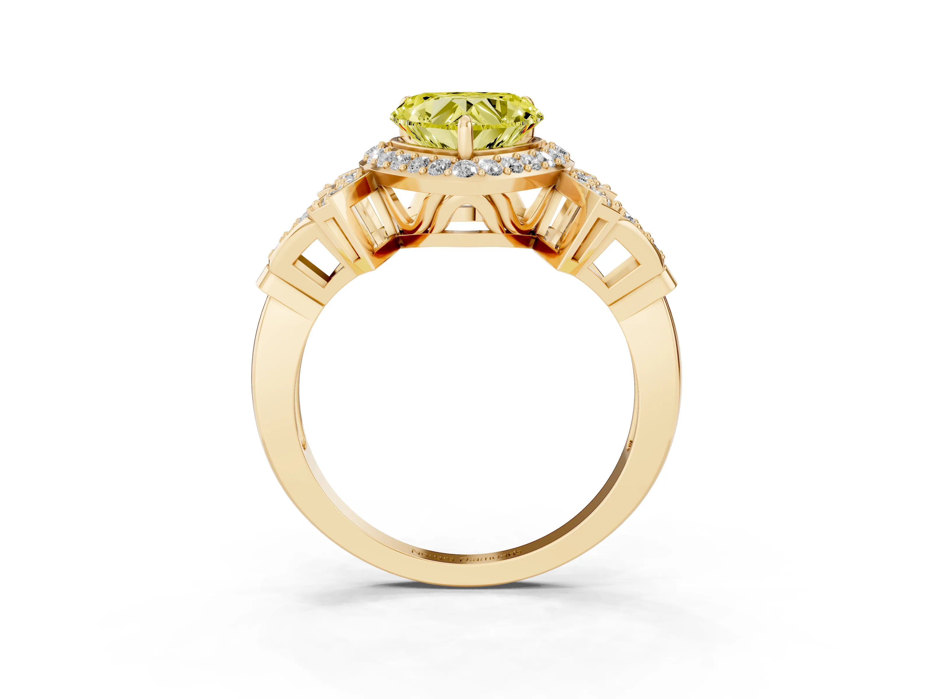 Fancy Yellow Heart Cut Diamond Halo Engagement Ring Set in Yellow gold with Accent Stone Split Shank