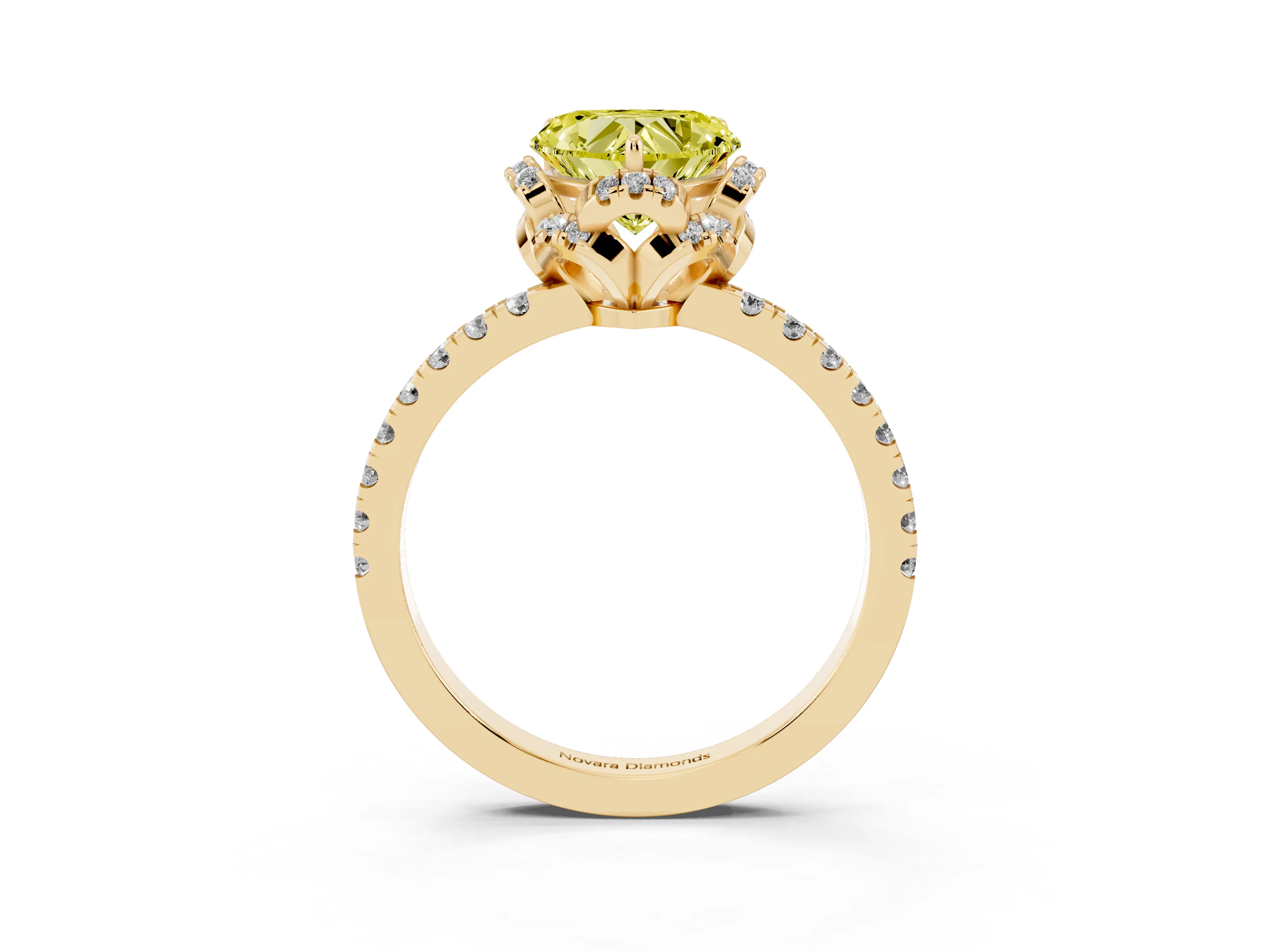 Fancy Yellow Heart Cut Diamond Halo Pavé Band Ring Set in Yellow gold with Prong-Held Center