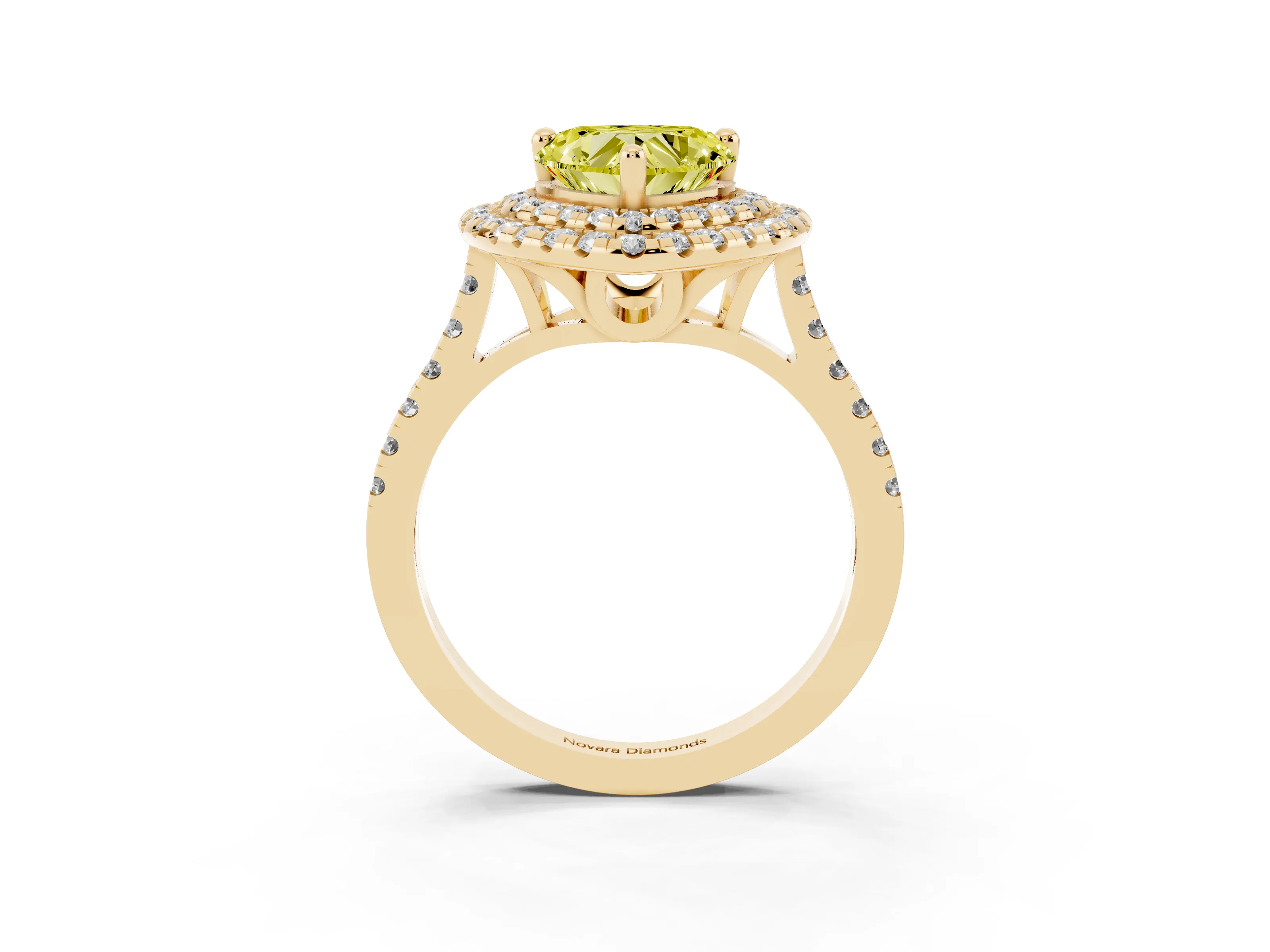 Fancy Yellow Heart Cut Diamond Double Halo Statement Ring Set in Yellow gold with Pavé Band