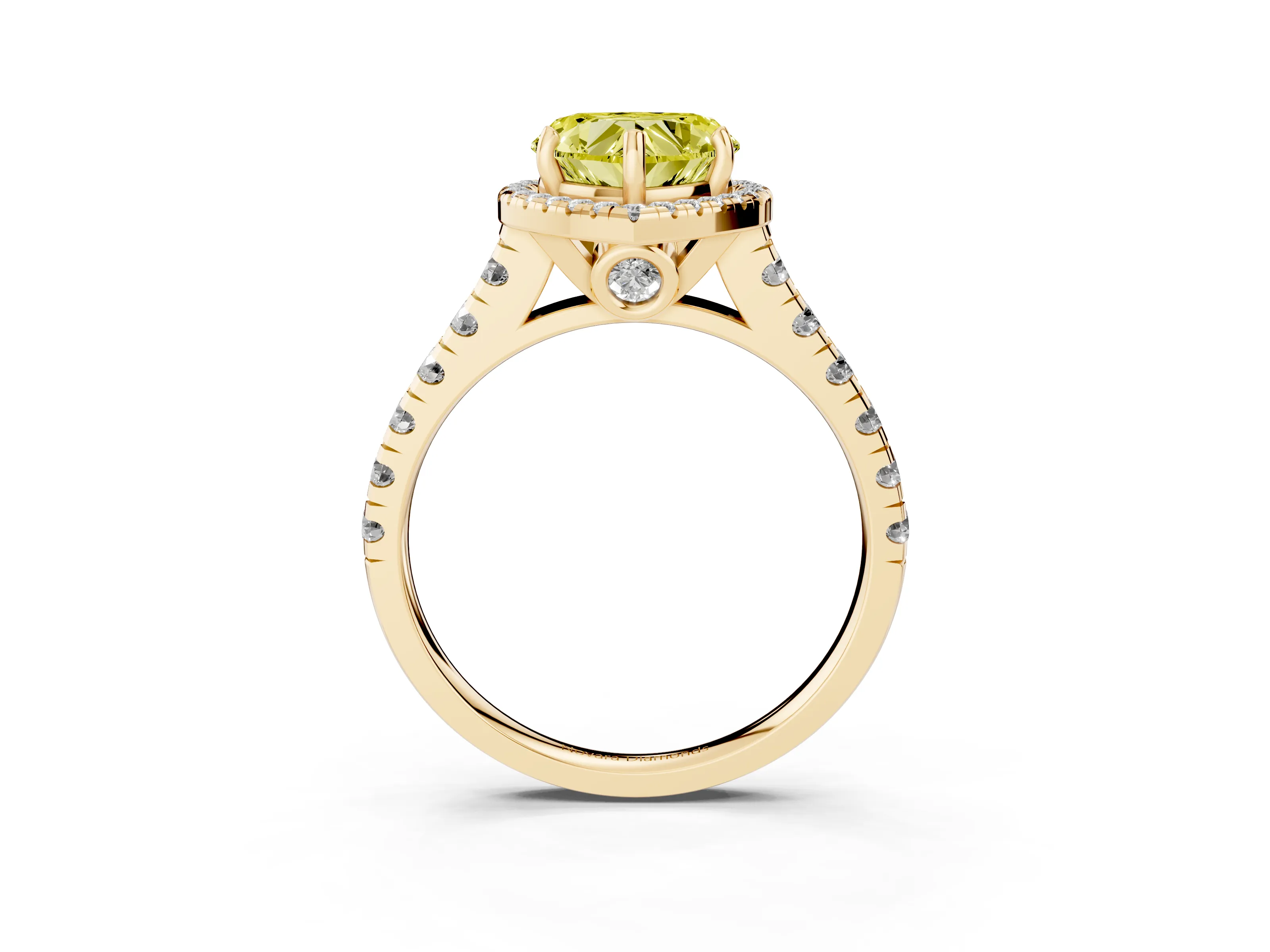 Fancy Yellow Heart Cut Diamond Halo Engagement Ring Set in Yellow gold with Pavé Band and Prong-Set Center