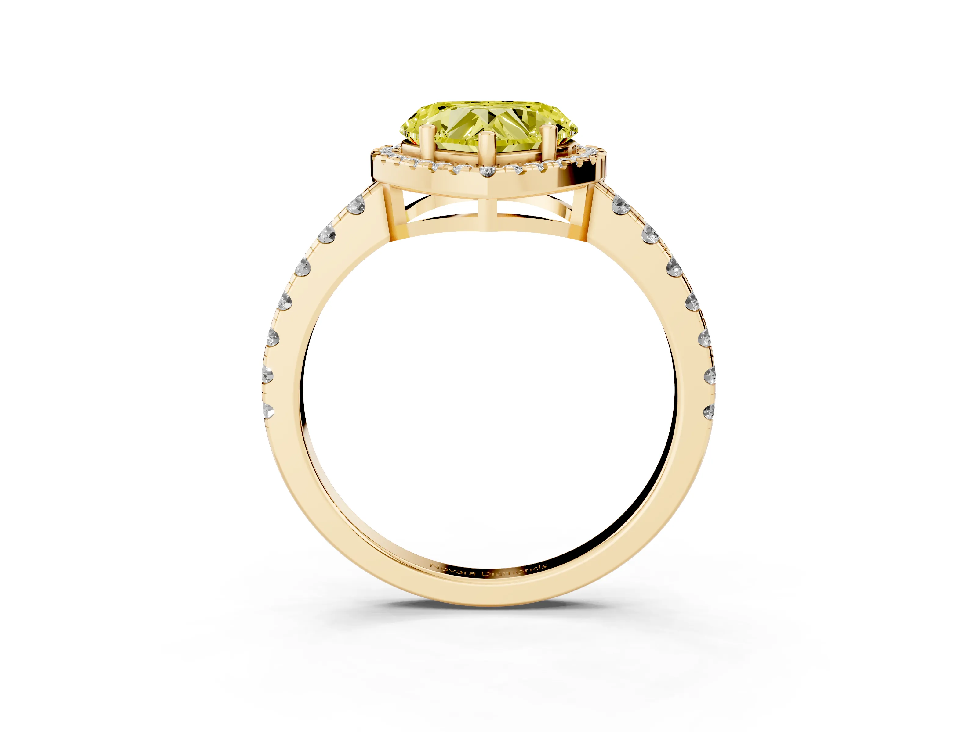 Fancy Yellow Heart Cut Diamond Halo Ring Set in Yellow gold with Delicate Pavé Band and Prong Setting