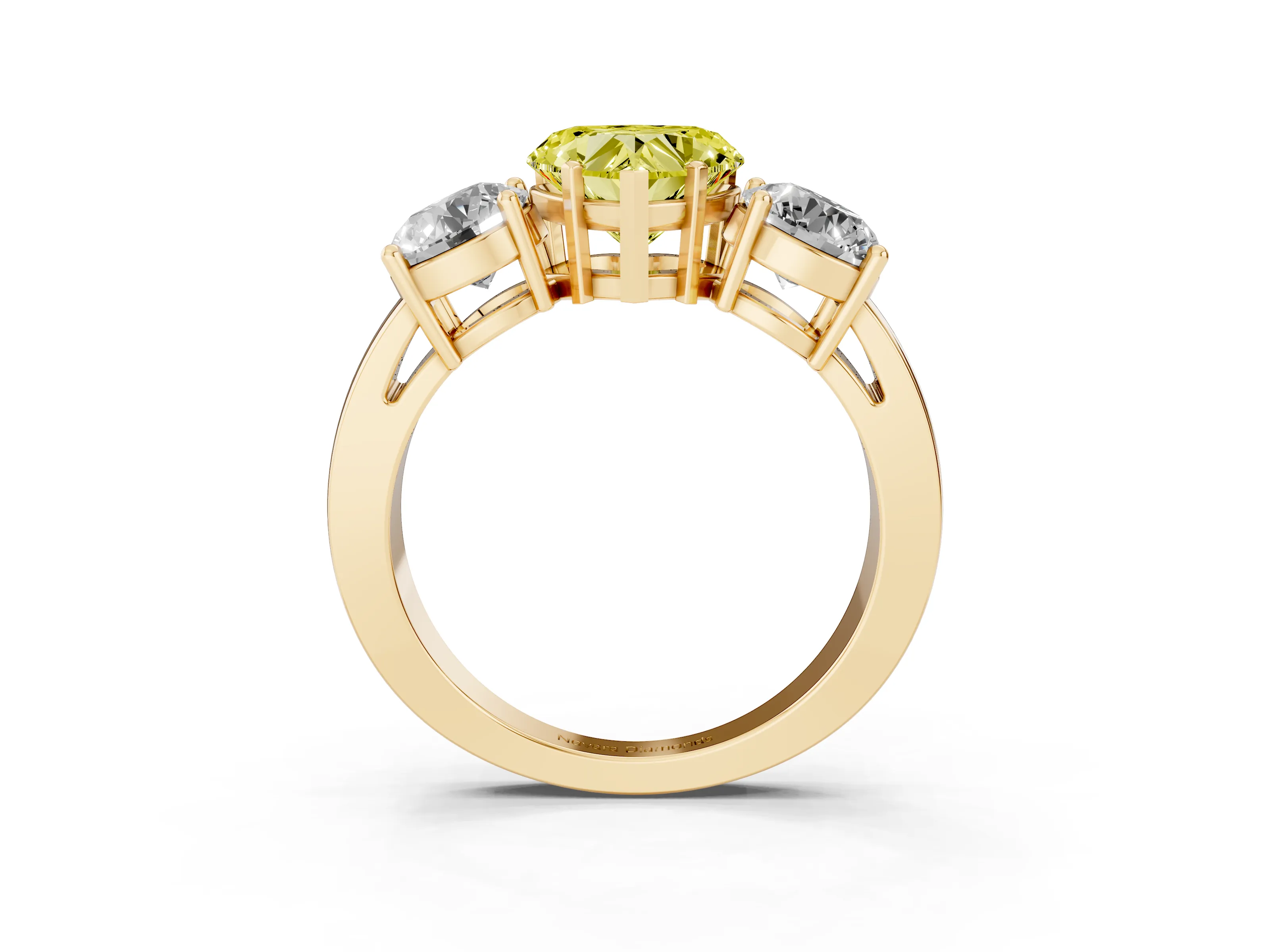 Fancy Yellow Heart Cut Diamond Three-Stone Ring Set in Yellow gold with Round Side Stones and Classic Band