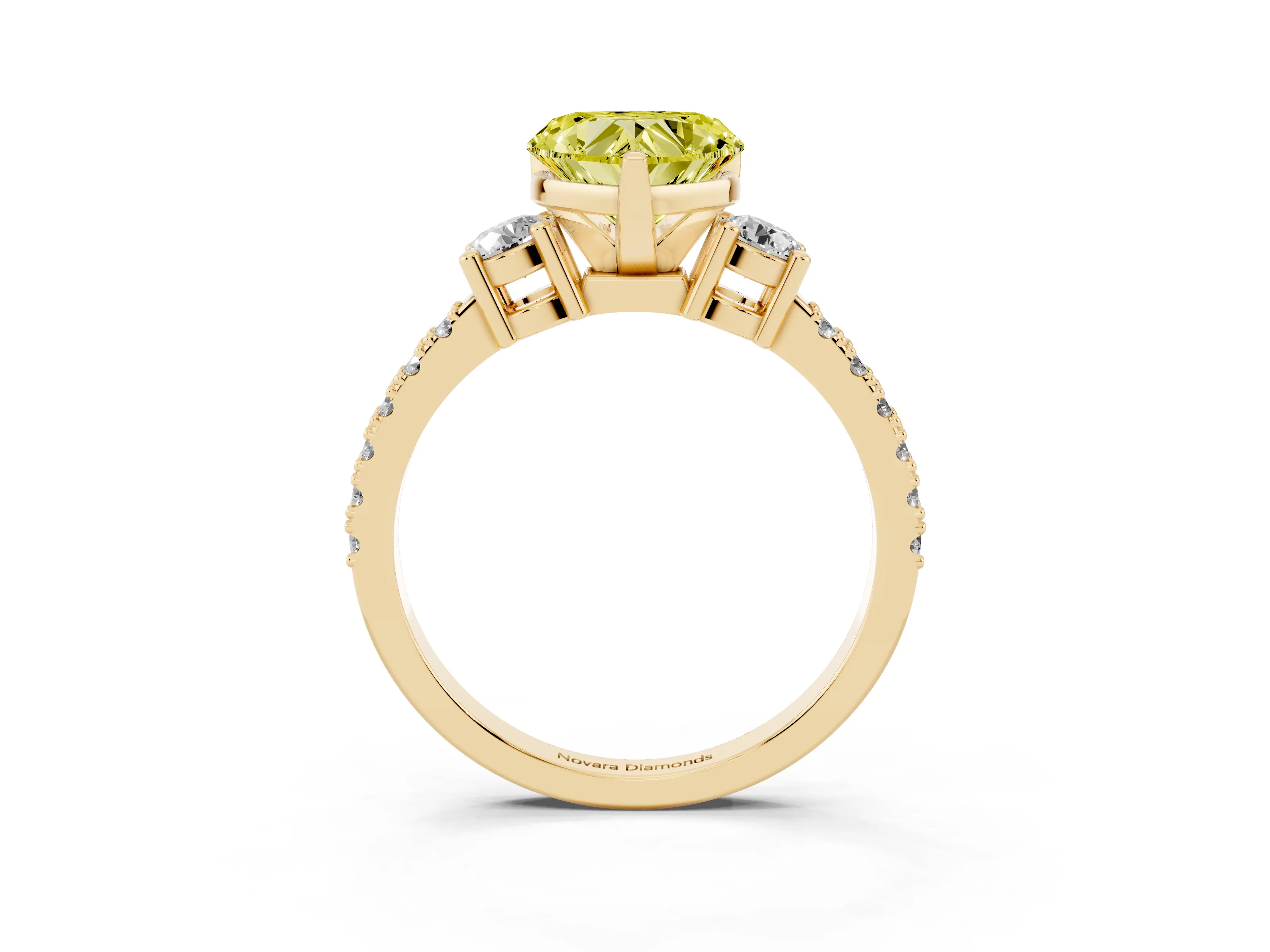 Fancy Yellow Three-Stone Heart Cut Diamond Pavé Band Ring Set in Yellow gold with Prong Setting