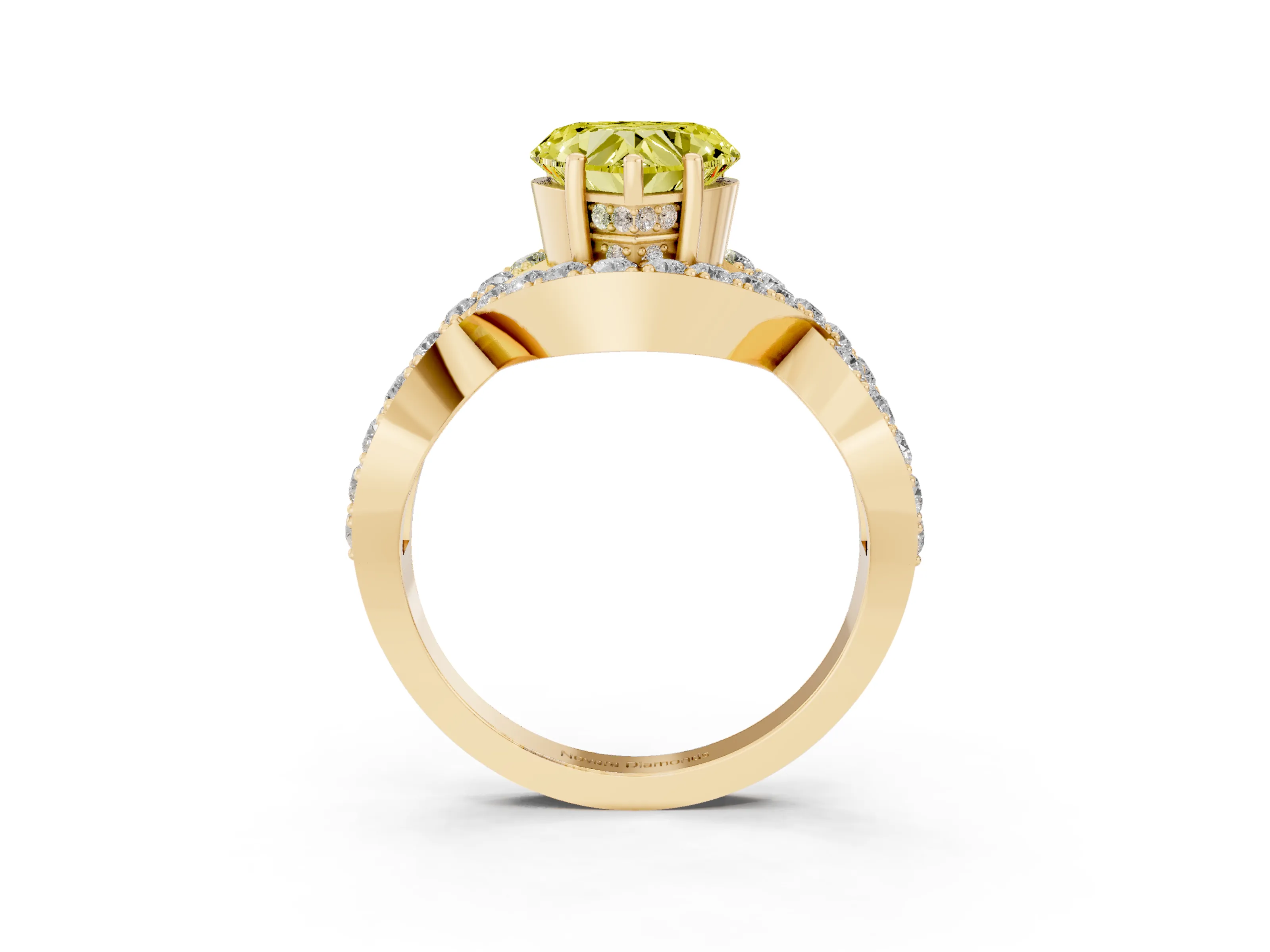 Fancy Yellow Heart Cut Diamond Solitaire Twist Band Pavé Engagement Ring Set in Yellow gold
