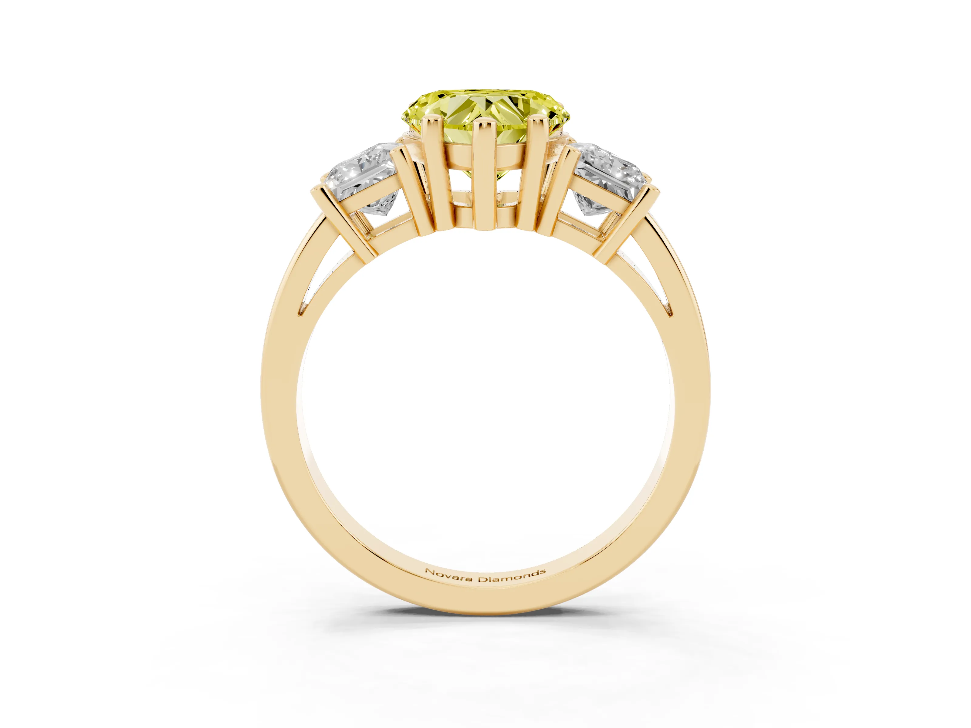Fancy Yellow Three-Stone Heart Cut Diamond Solitaire Ring Set in Yellow gold with Prong Setting