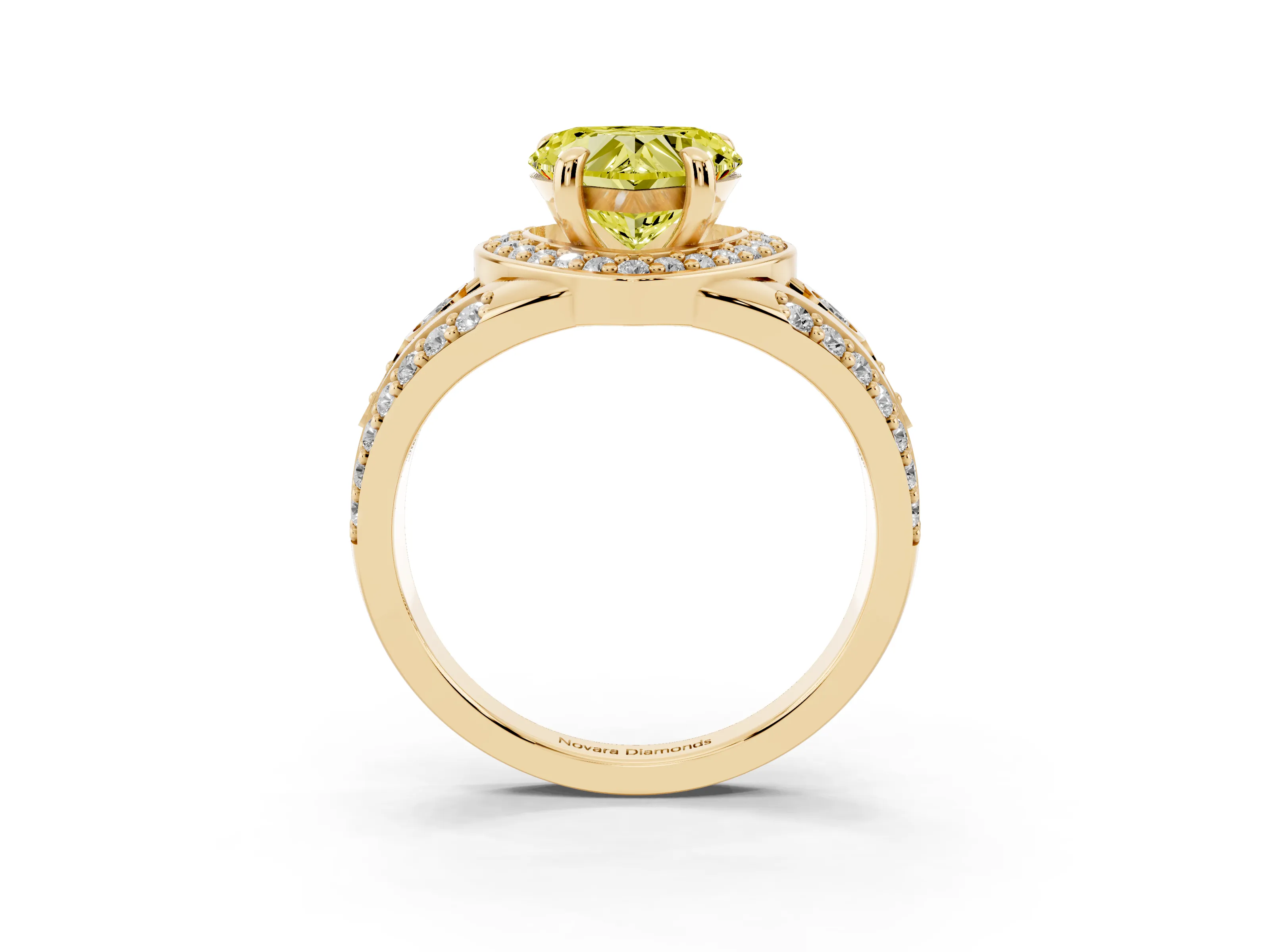 Fancy Yellow Heart Cut Diamond Halo Ring Set in Yellow gold with Pavé Split Shank and Bezel Accents