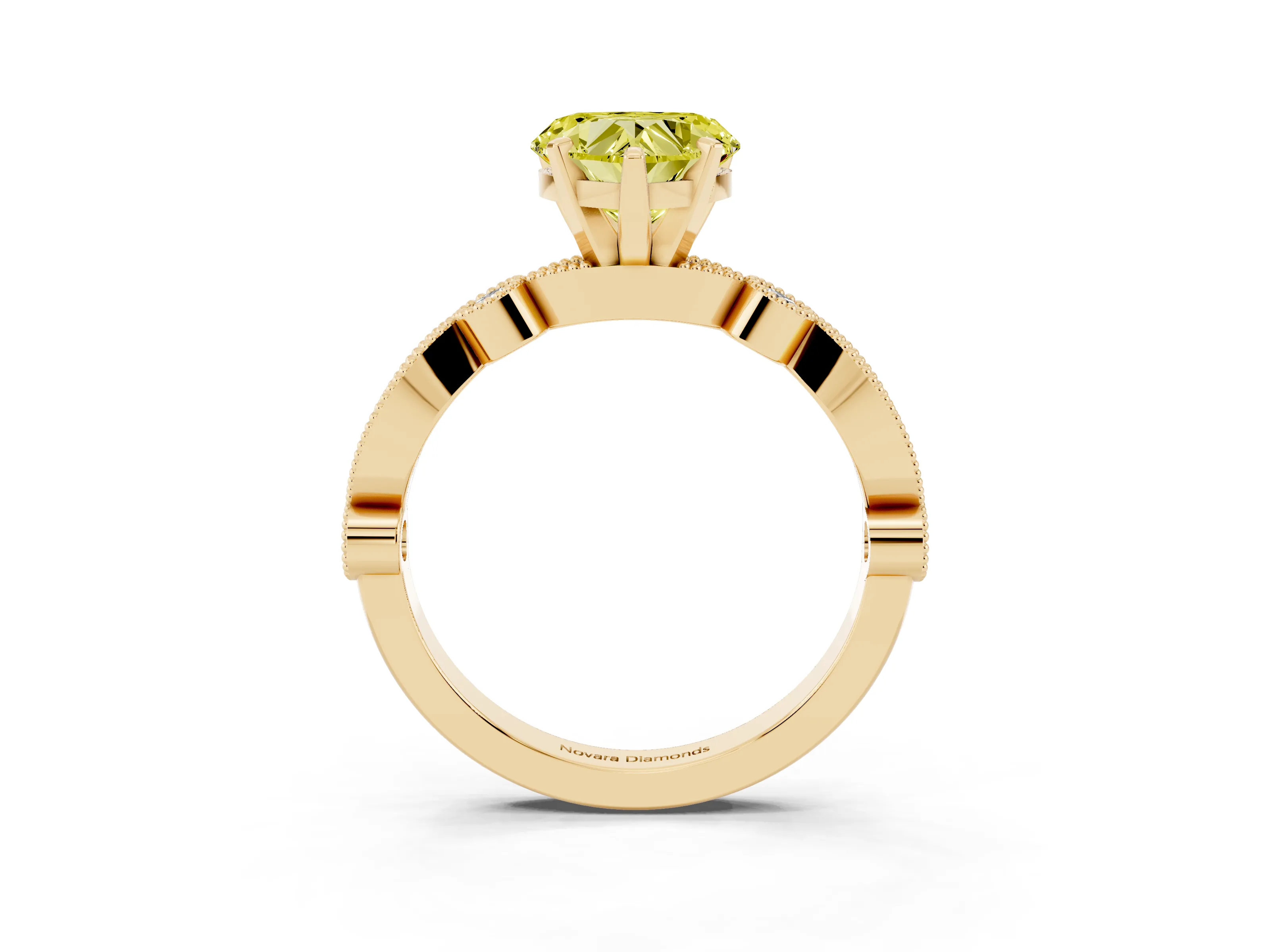 Fancy Yellow Heart Cut Diamond Solitaire Engagement Ring Set in Yellow gold with Milgrain Bezel Accent Band