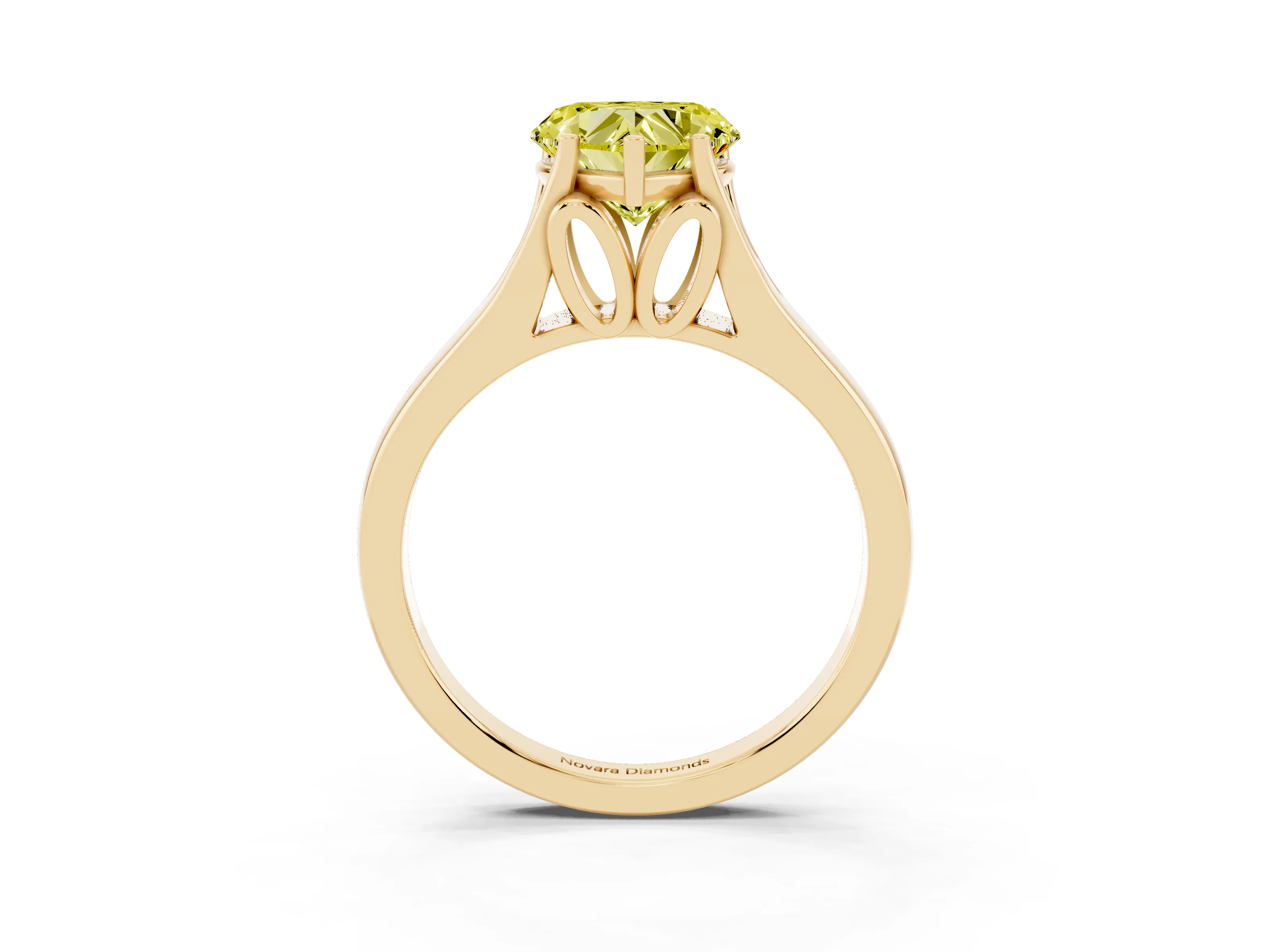 Fancy Yellow Heart Cut Diamond Solitaire Ring Set in Yellow gold with Arched Cathedral Band and Prong Setting