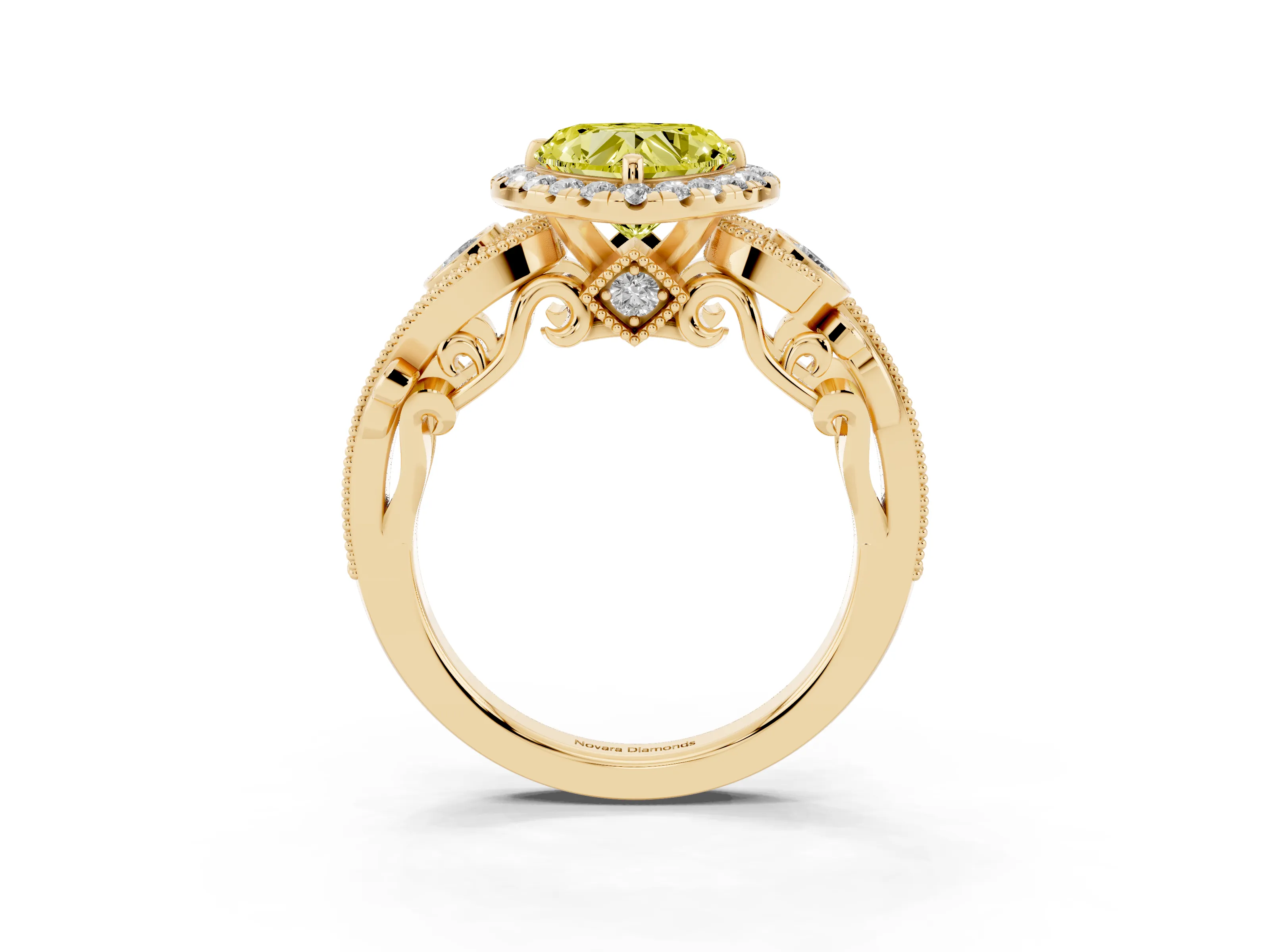 Fancy Yellow Heart Cut Diamond Halo Ring Set in Yellow gold with Milgrain Pavé Band and Prong Setting