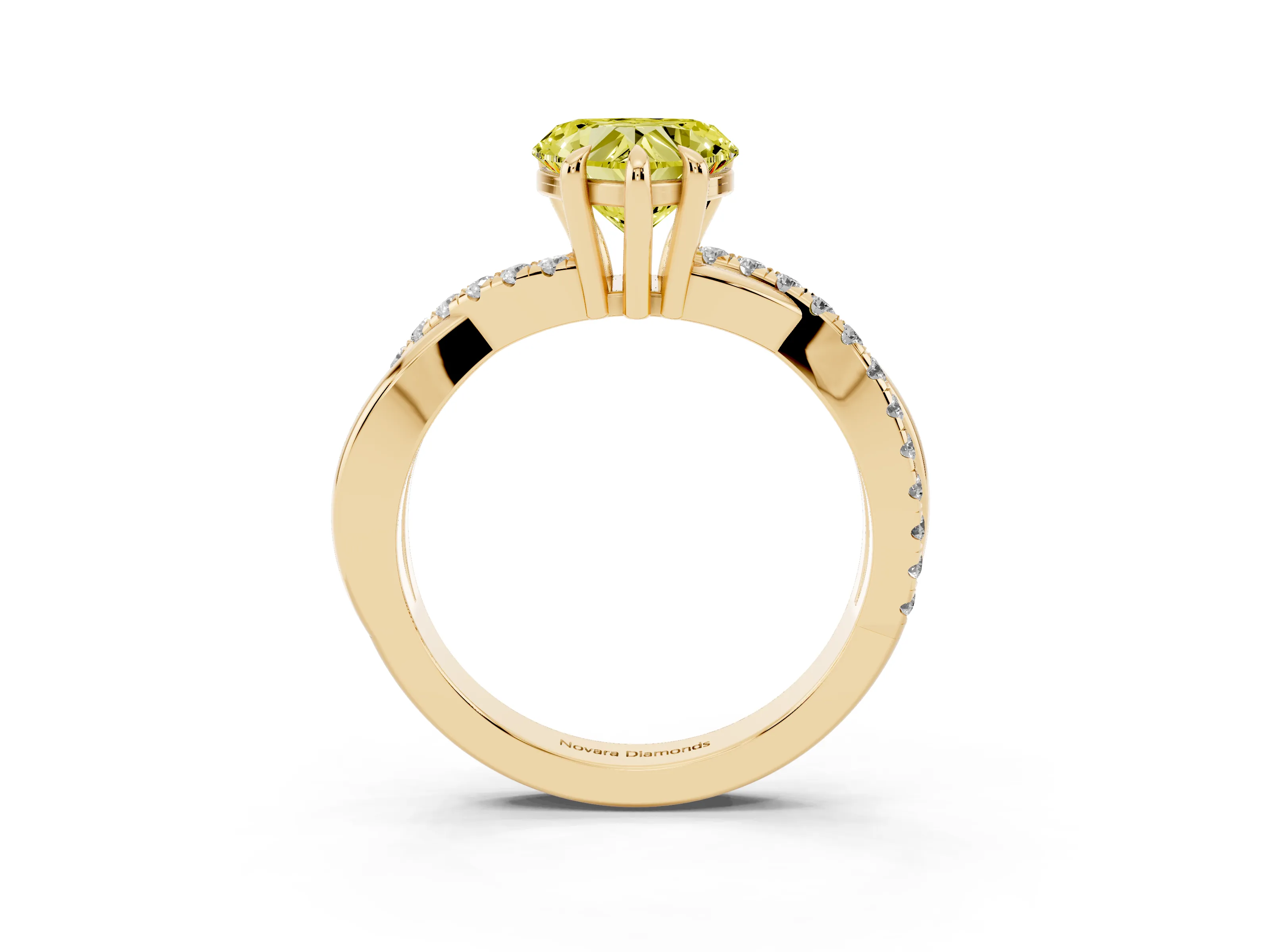 Fancy Yellow Heart Cut Diamond Twist Band Solitaire Set in Yellow gold with Pavé Accents and Prong Setting