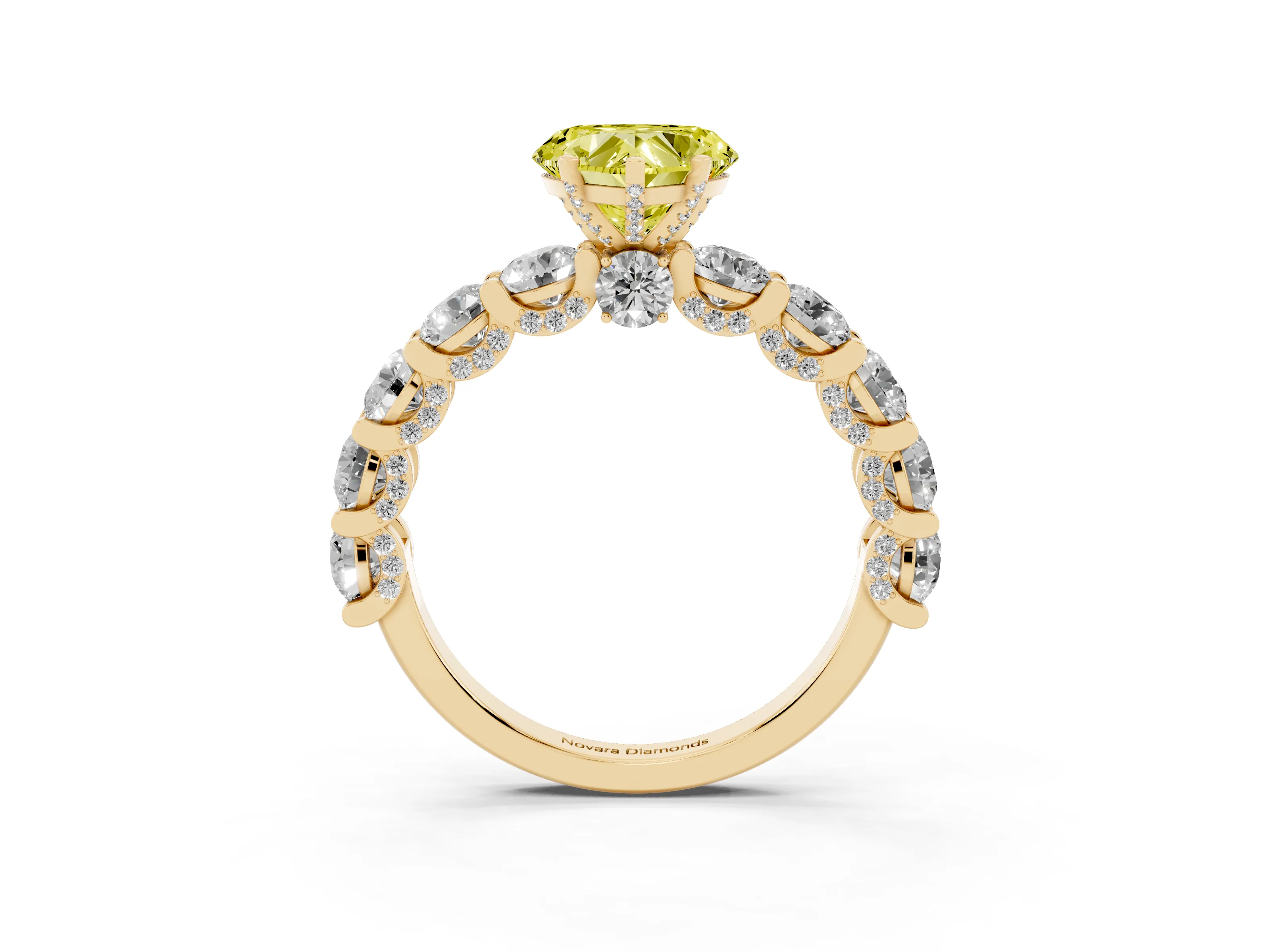 Fancy Yellow Heart Cut Diamond Side Stone Ring Set in Yellow gold with Alternating Round and Oval Side Stones