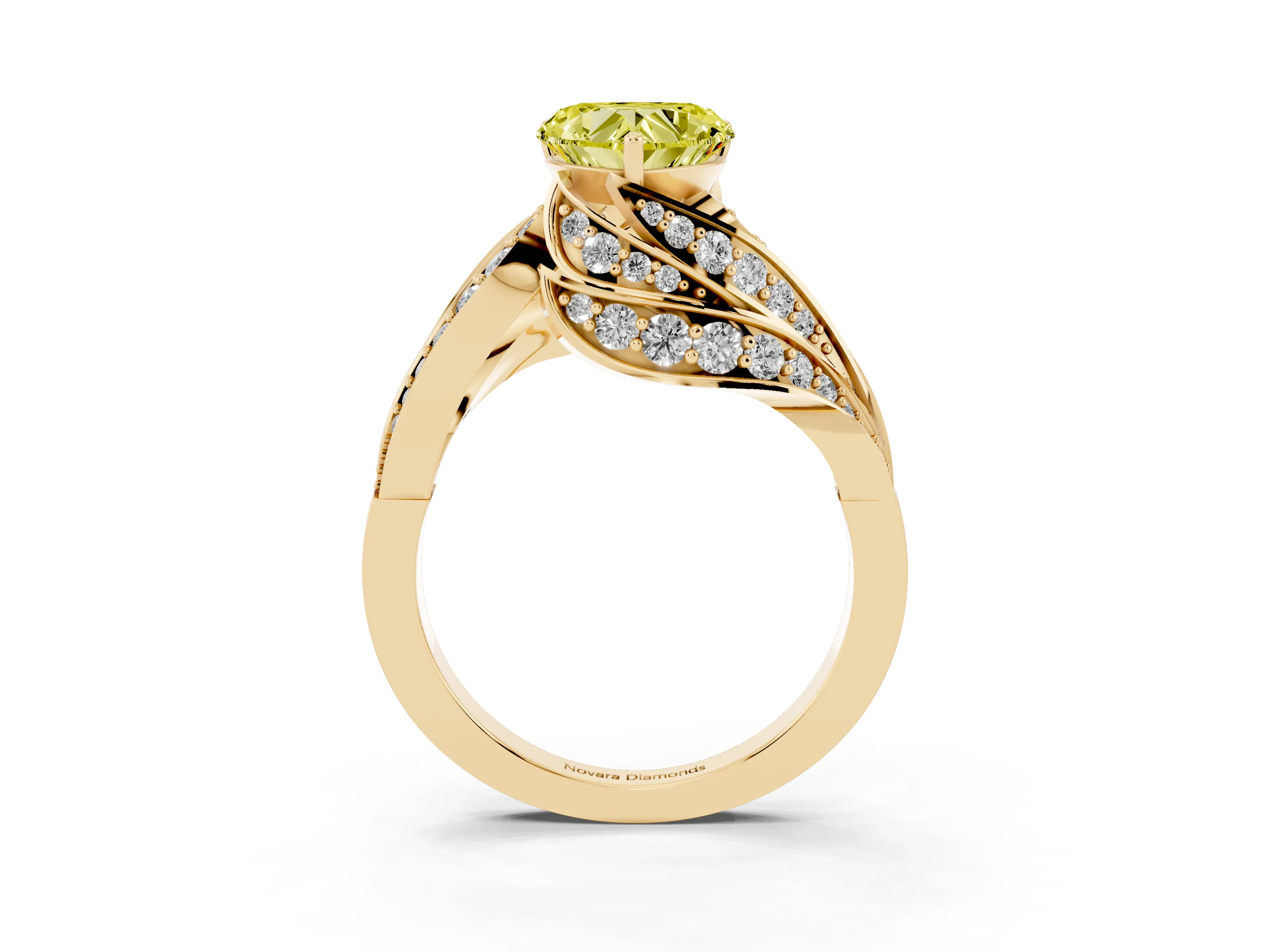 Fancy Yellow Heart Cut Diamond Solitaire Ring Set in Yellow gold with Layered Twist Pavé Band