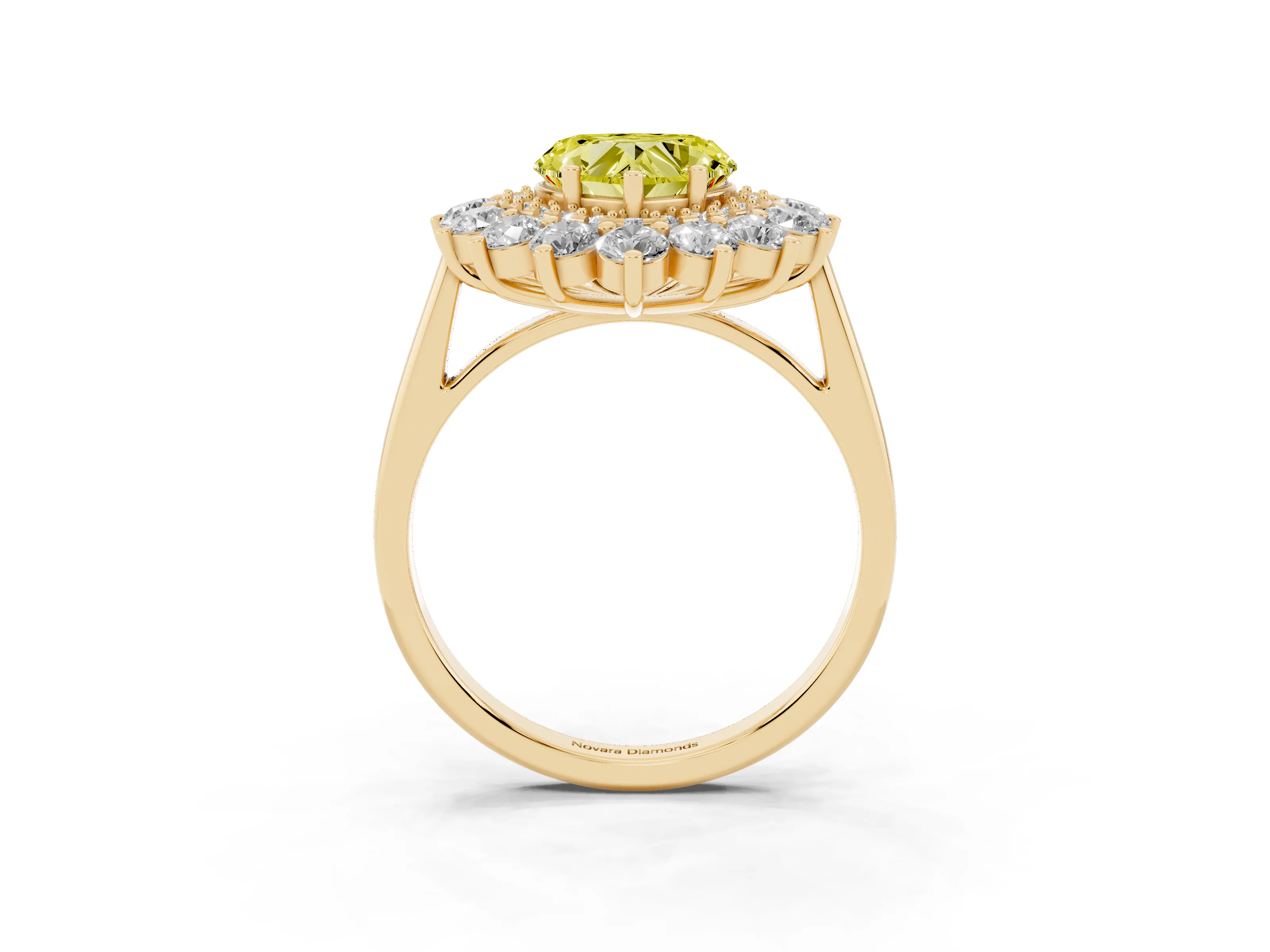 Fancy Yellow Heart Cut Diamond Floral Double Halo Ring Set in Yellow gold with Round Petals
