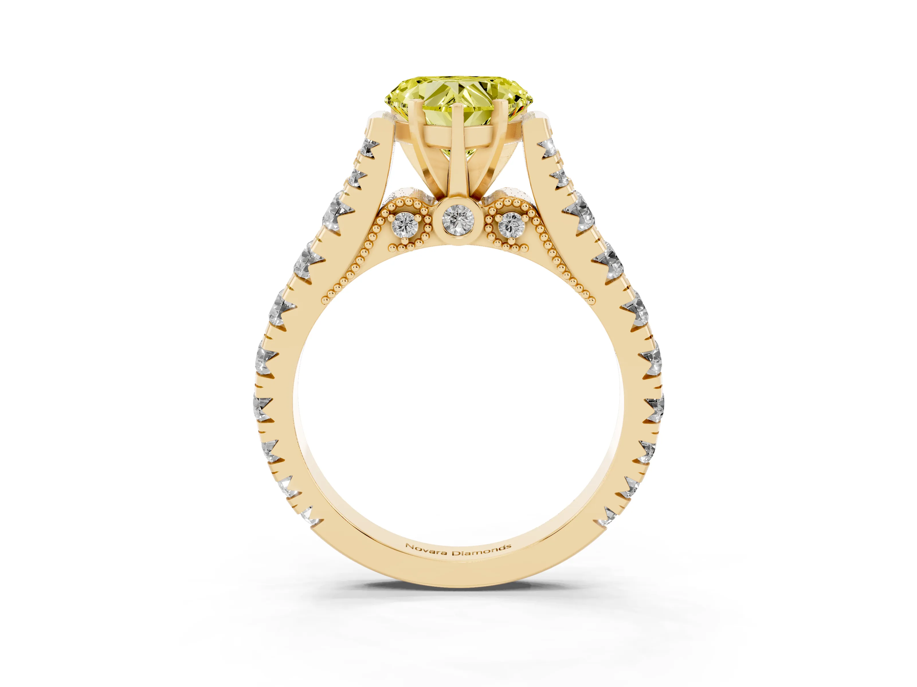 Fancy Yellow Heart Cut Diamond Classic Solitaire Ring Set in Yellow gold with Pavé Band and Prong Setting