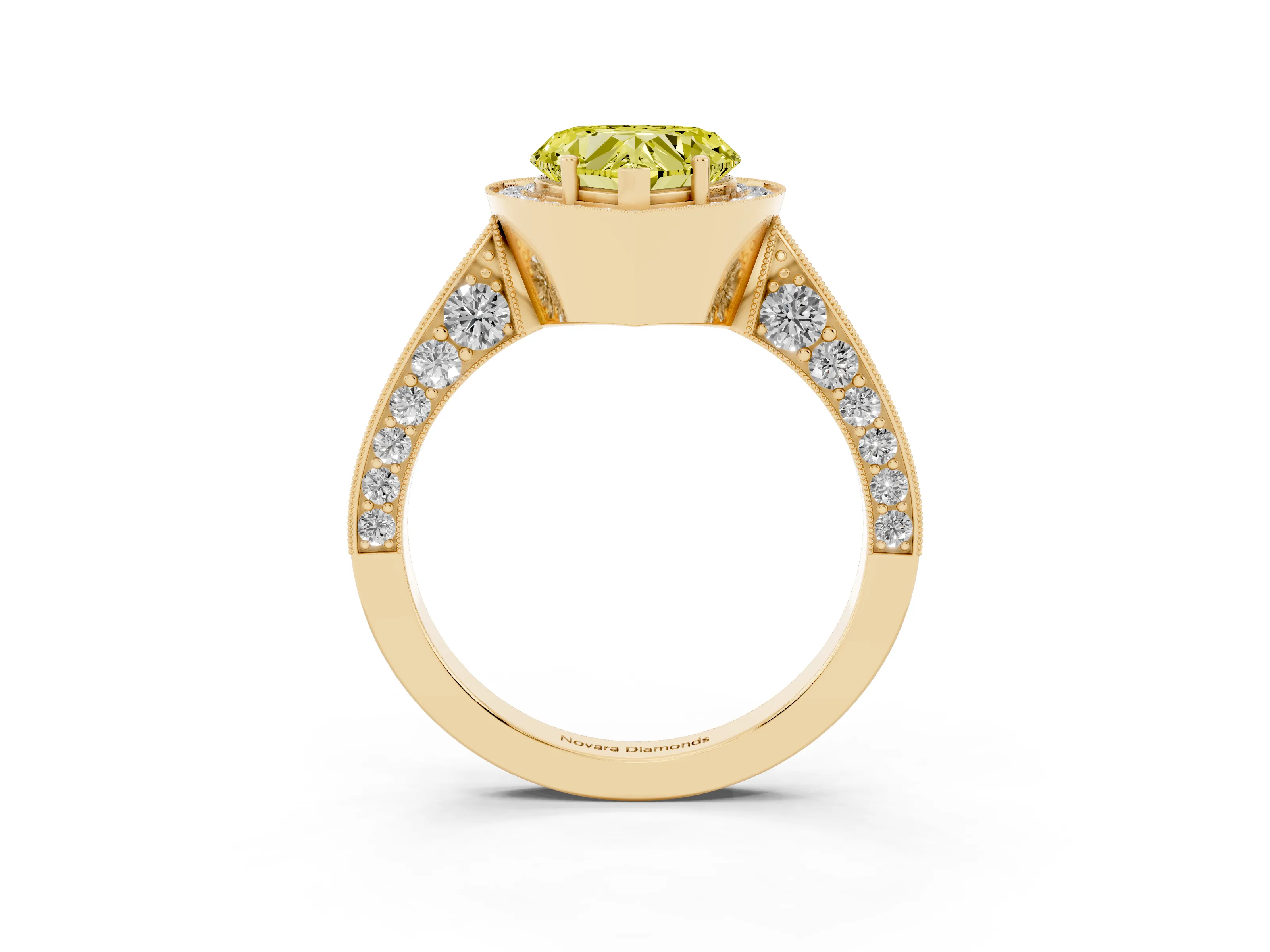 Fancy Yellow Heart Cut Diamond Halo Engagement Ring Set in Yellow gold with Accent Split Shank Band