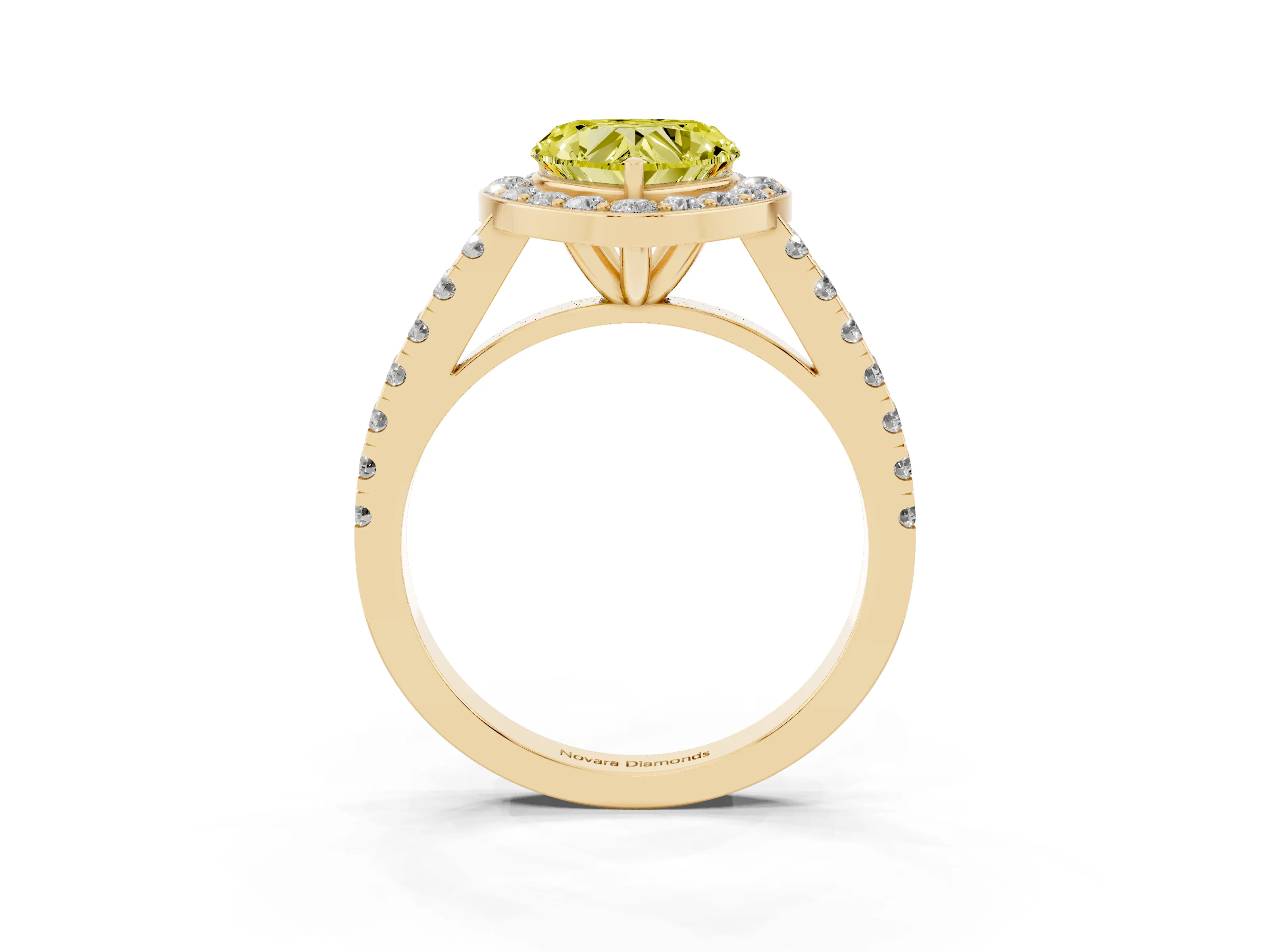 Fancy Yellow Heart Cut Diamond Halo Ring Set in Yellow gold with Round Pavé Split Shank and Prong Setting