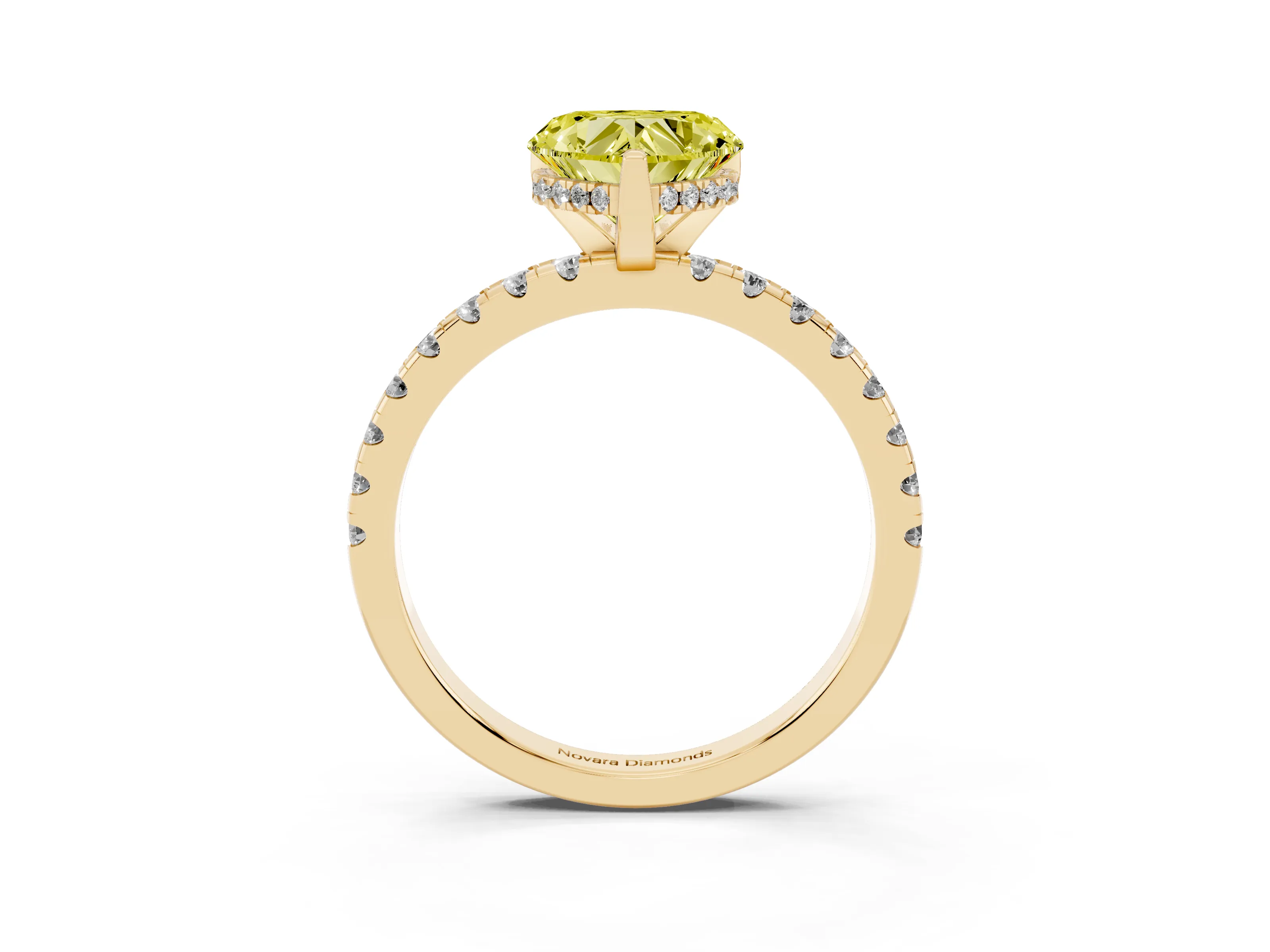 Fancy Yellow Heart Cut Diamond Pavé Solitaire Ring Set in Yellow gold with Round Band Accents and Prong Setting