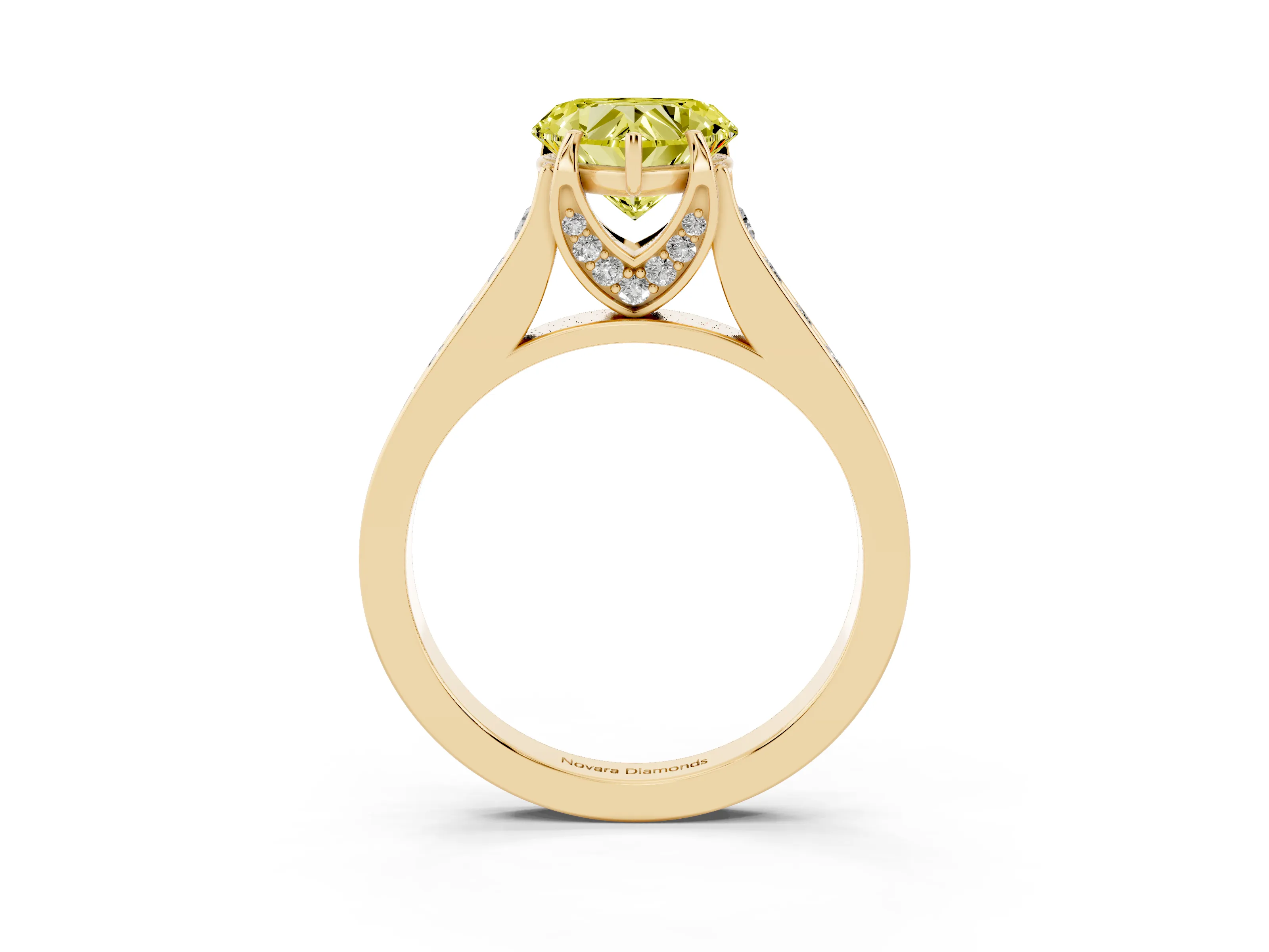 Fancy Yellow Heart Cut Diamond Solitaire Pavé Engagement Ring Set in Yellow gold with Prong Setting