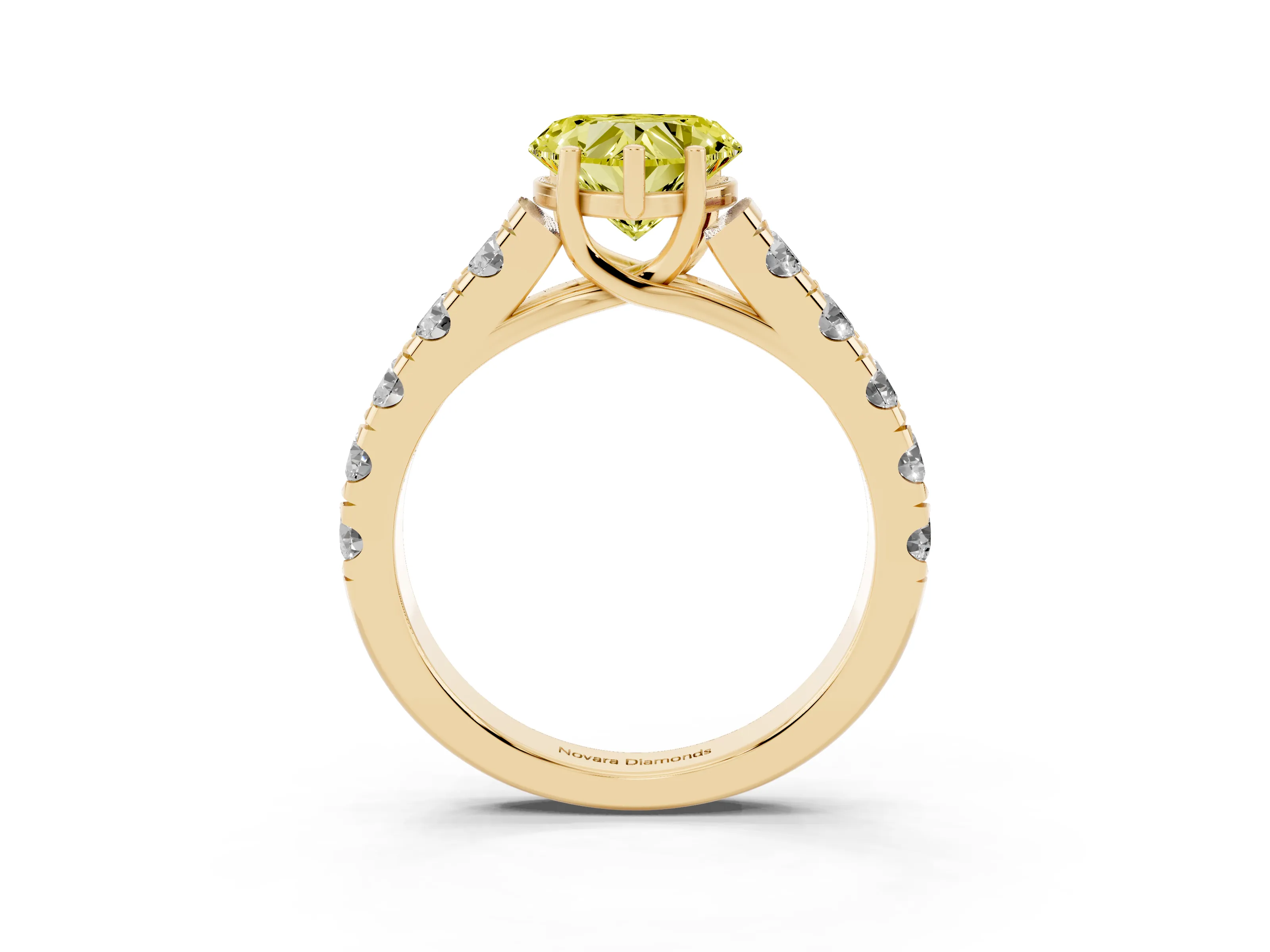 Fancy Yellow Heart Cut Diamond Solitaire Ring Set in Yellow gold with Cut-Down Micro Pavé Band and Prong Setting