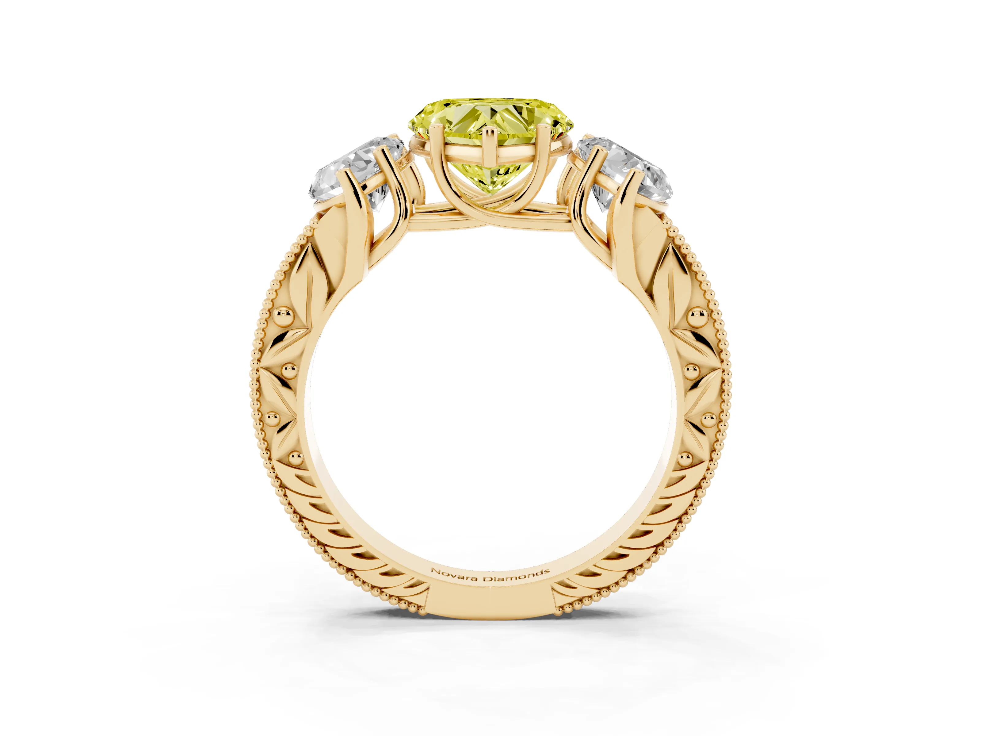 Fancy Yellow Heart Cut Diamond Three-Stone Engagement Ring Set in Yellow gold with Milgrain Pavé Band