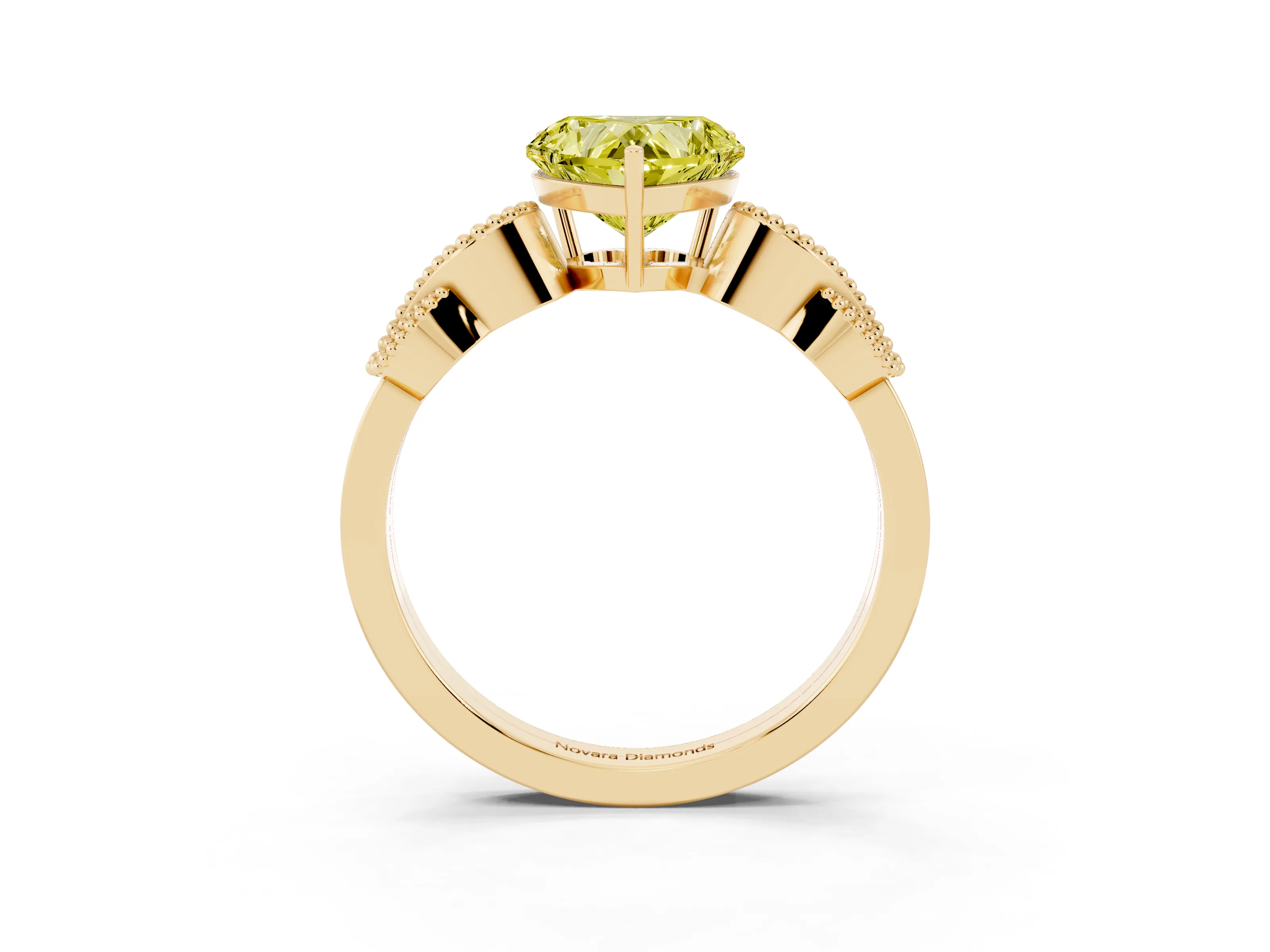 Fancy Yellow Heart Cut Diamond Milgrain Leaf Band Solitaire Ring Set in Yellow gold with Accent Stones and Prong Setting