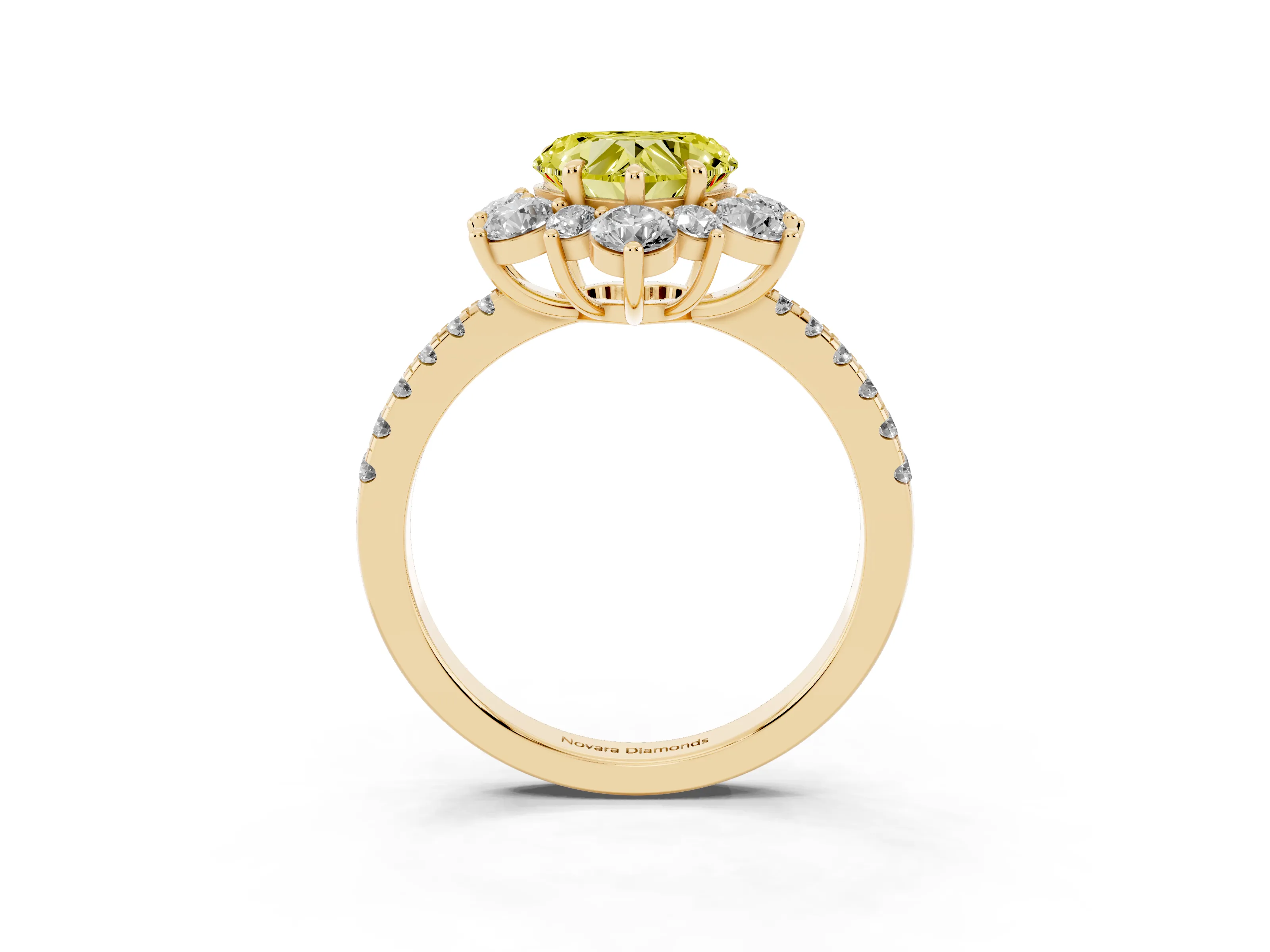 Fancy Yellow Heart Cut Diamond Floral Halo Ring Set in Yellow gold with Round Pavé Band and Prong Setting