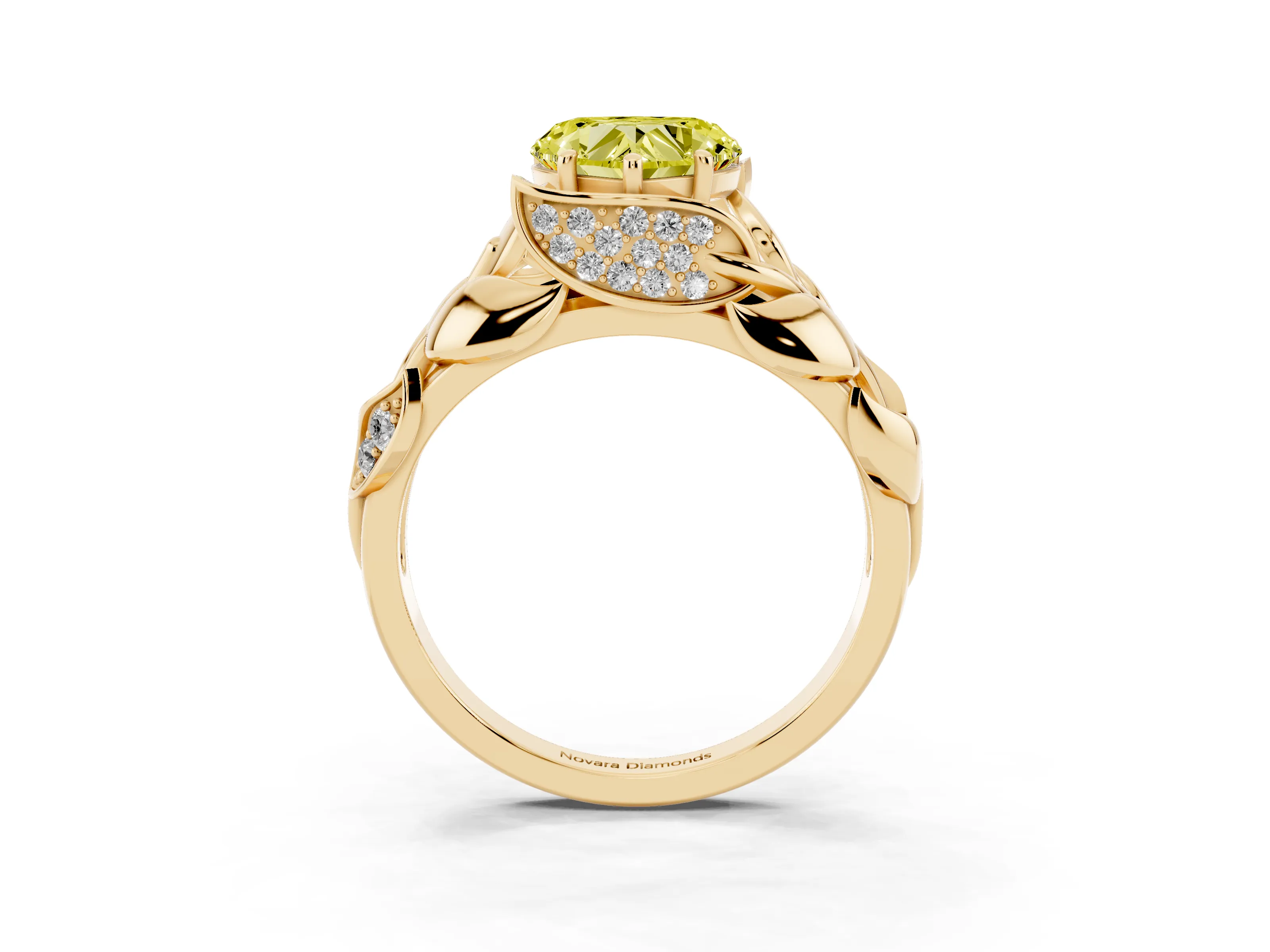 Fancy Yellow Heart Cut Diamond Leaf-Inspired Engagement Ring Set in Yellow gold with Round Accents