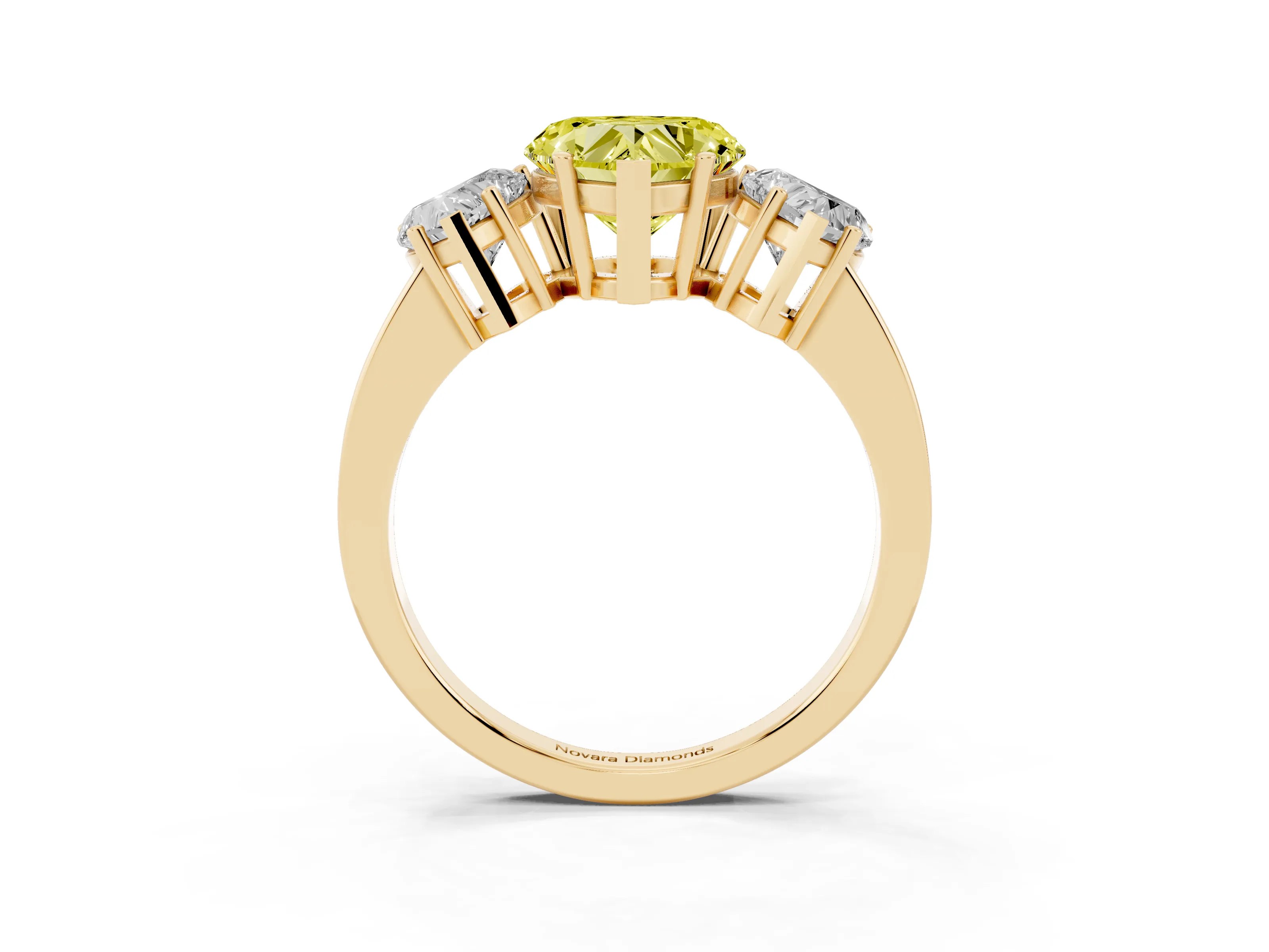 Fancy Yellow Heart Cut Diamond Three-Stone Engagement Ring Set in Yellow gold with Flat Band