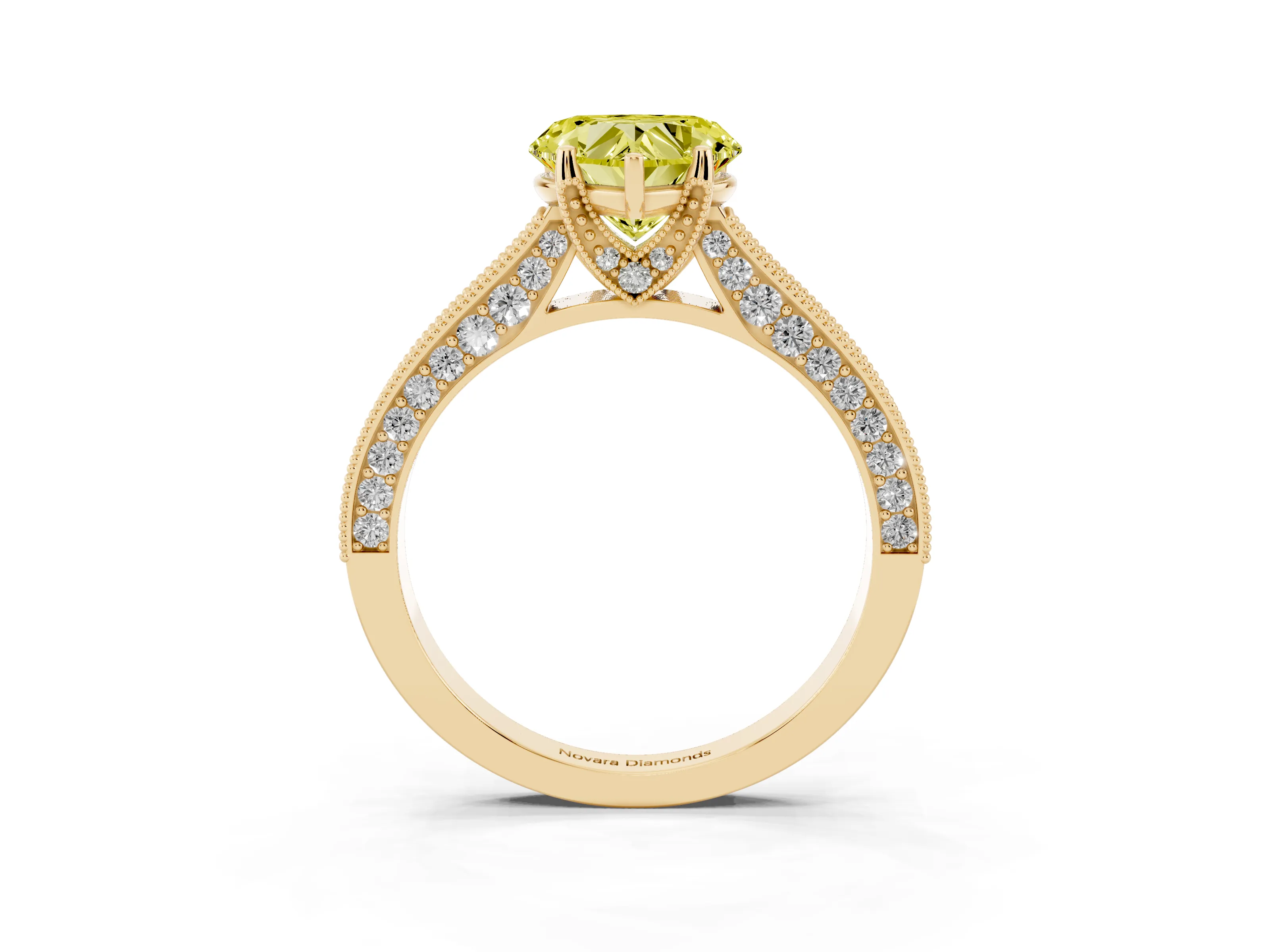 Fancy Yellow Heart Cut Diamond Solitaire Ring Set in Yellow gold with Milgrain-Edged Pavé Band and Prong Setting