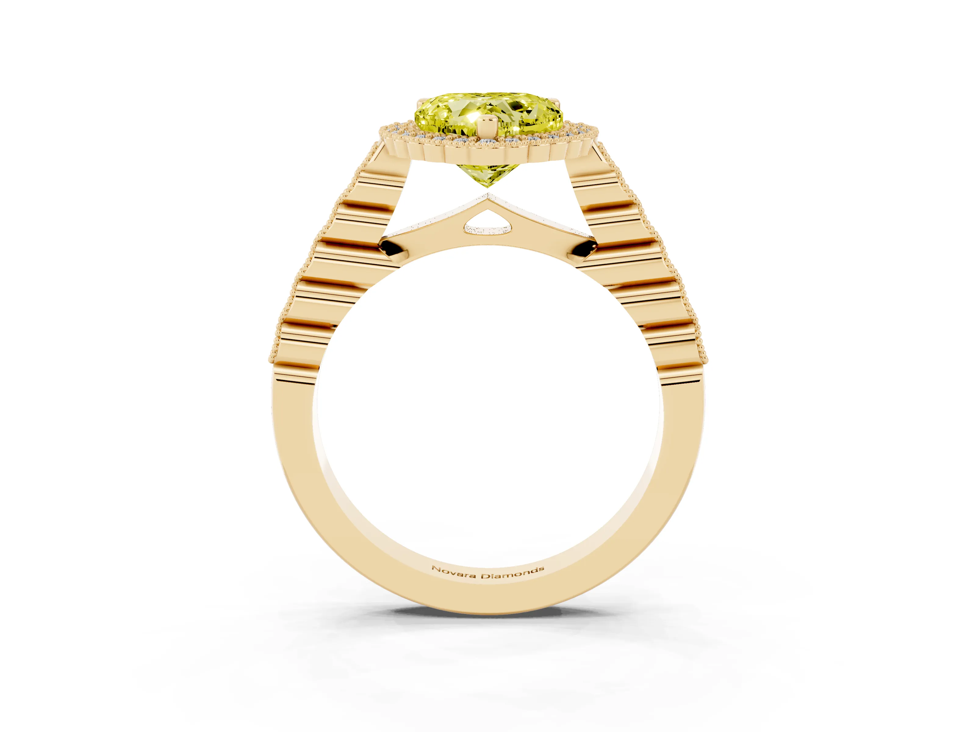 Fancy Yellow Heart Cut Diamond Halo Ring Set in Yellow gold with Pavé Milgrain Band