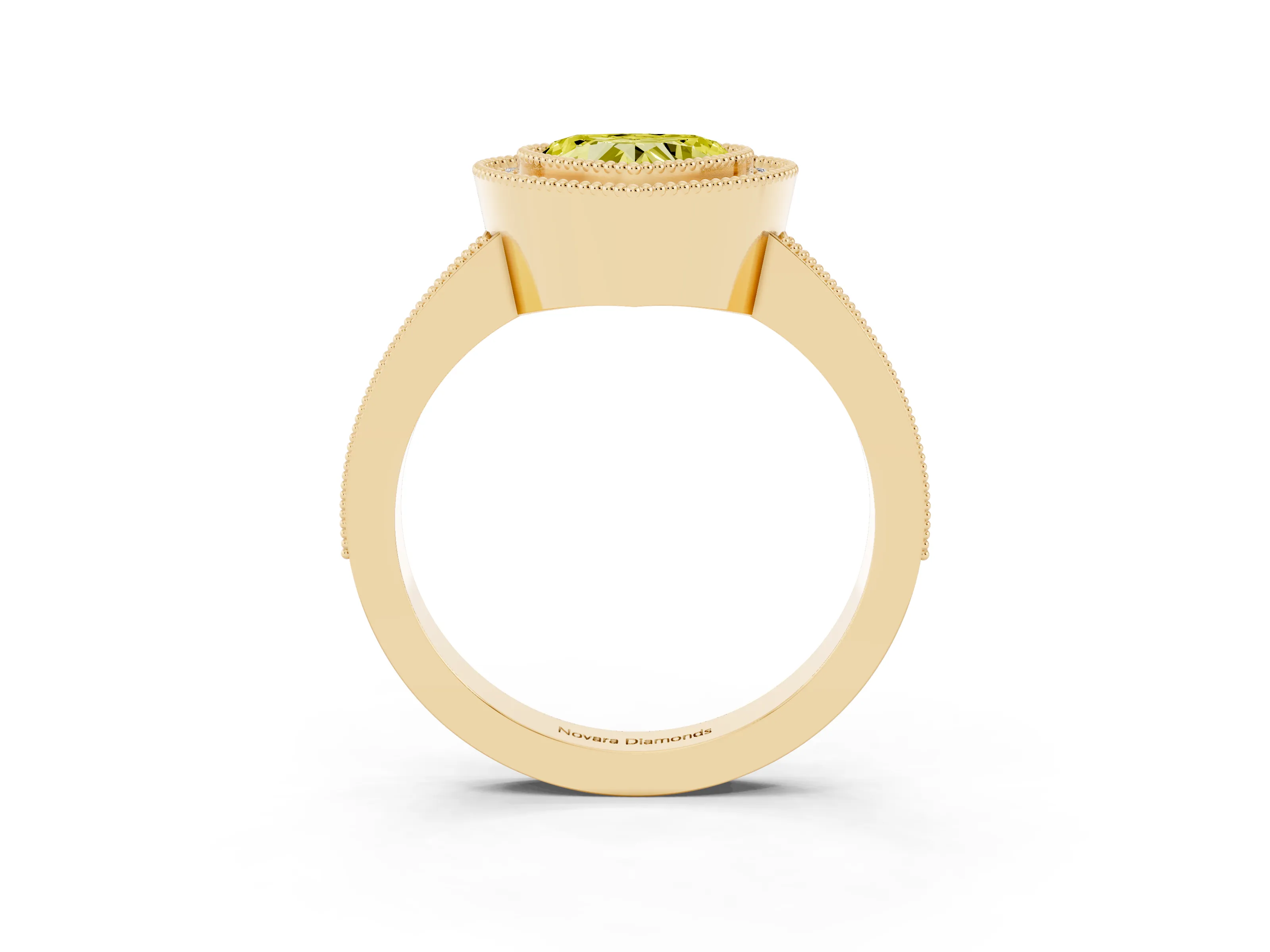 Fancy Yellow Heart Cut Diamond Halo Engagement Ring Set in Yellow gold with Pavé Band and Round Halo Stones