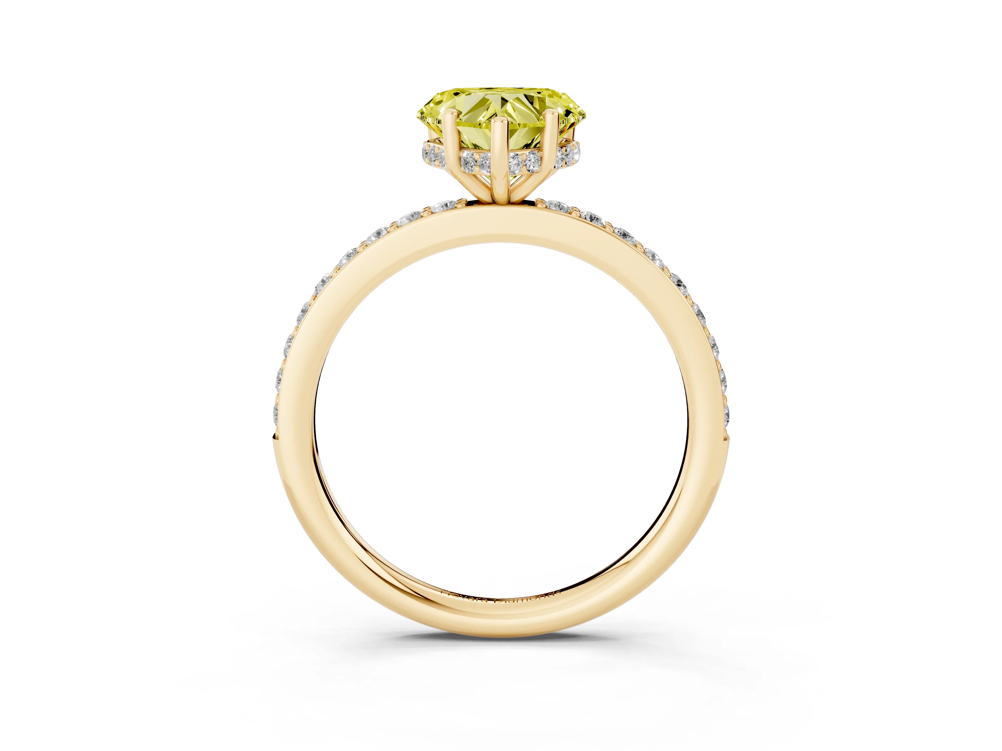 Fancy Yellow Heart Cut Diamond Pavé Band Ring Set in Yellow gold with Prong-Set Center Stone