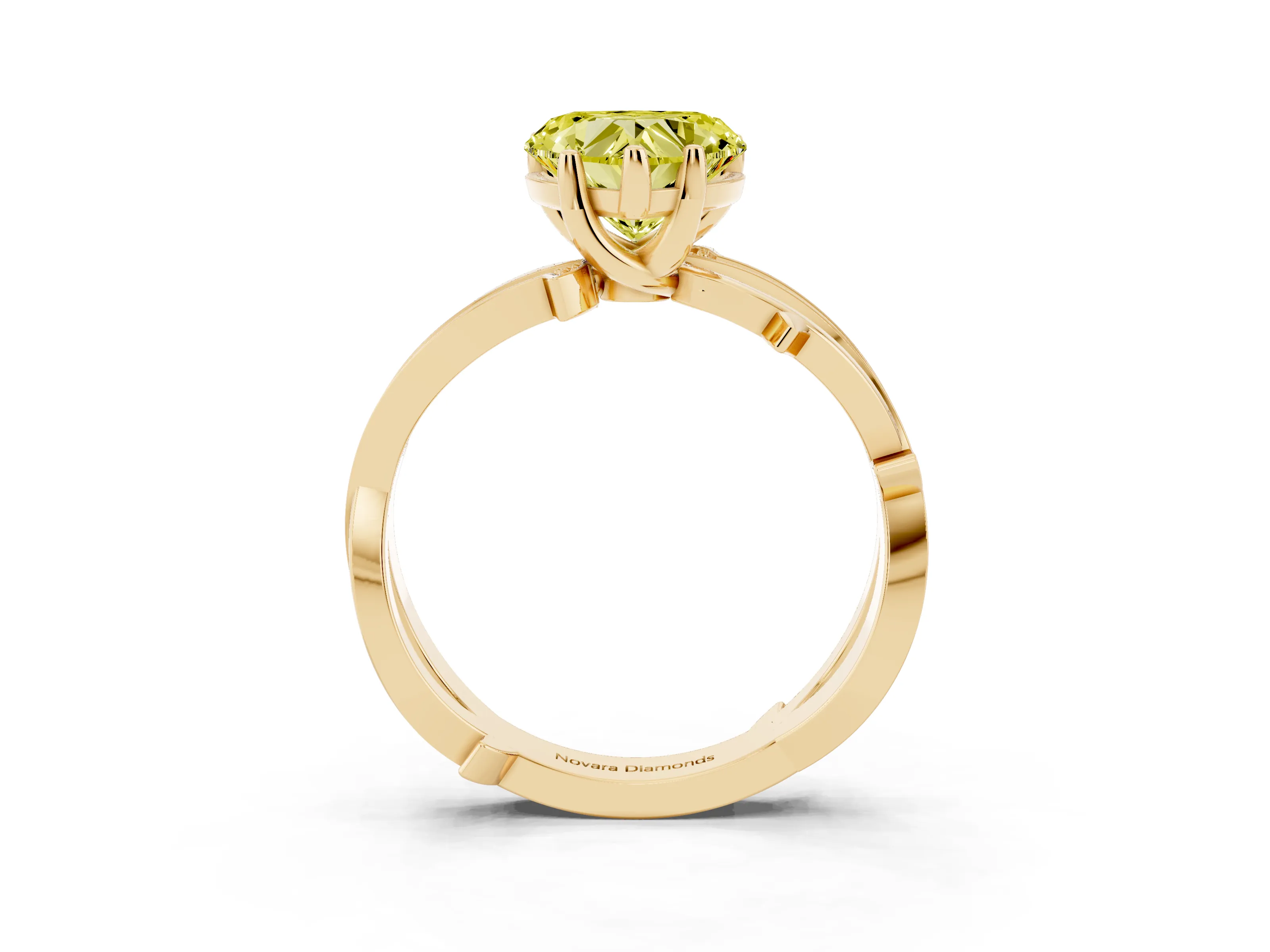 Fancy Yellow Heart Cut Diamond Pavé Twist Band Solitaire Ring Set in Yellow gold with Prong Setting