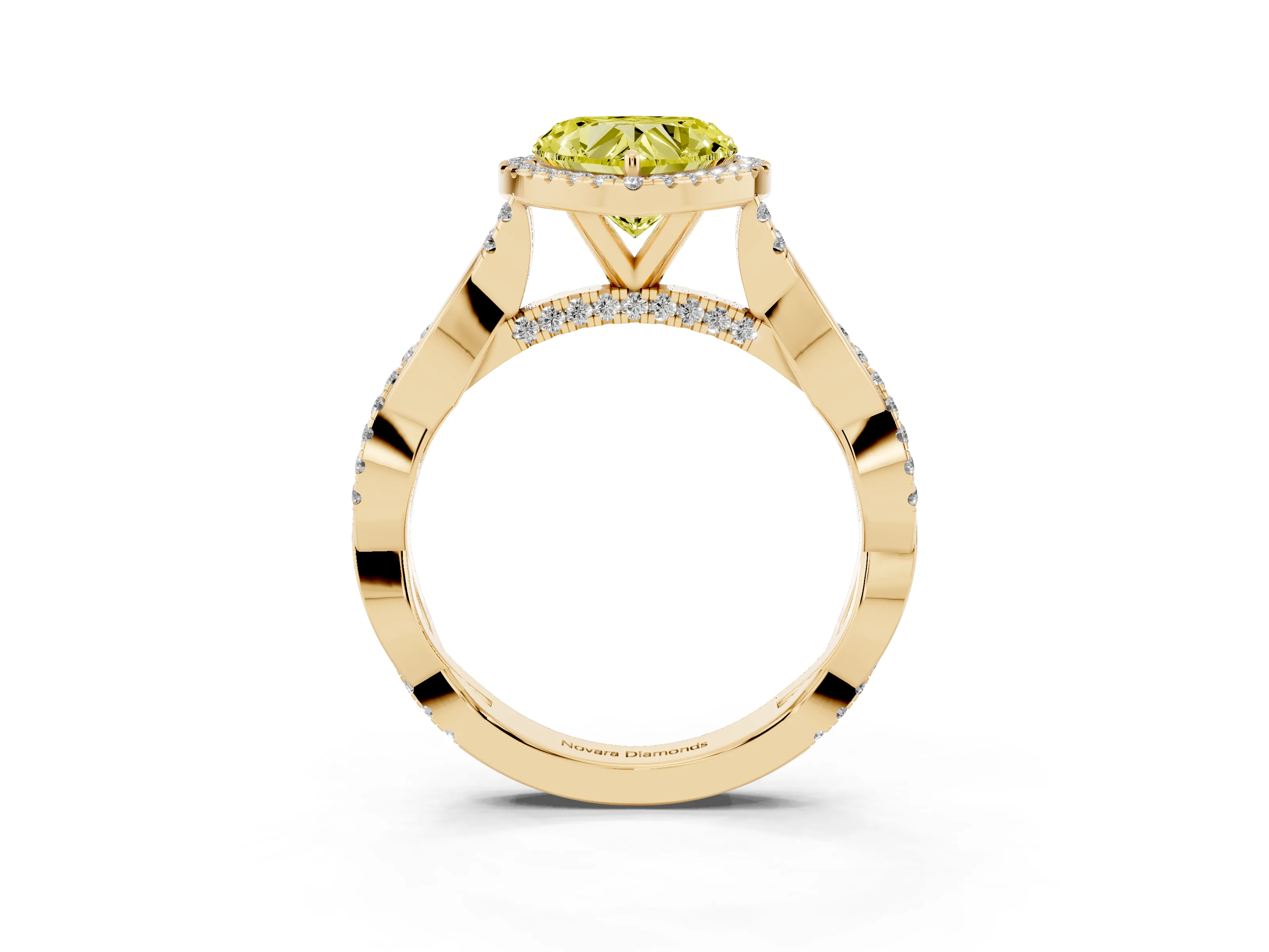 Fancy Yellow Heart Cut Diamond Halo Twist Band Solitaire Ring Set in Yellow gold with Prong Setting