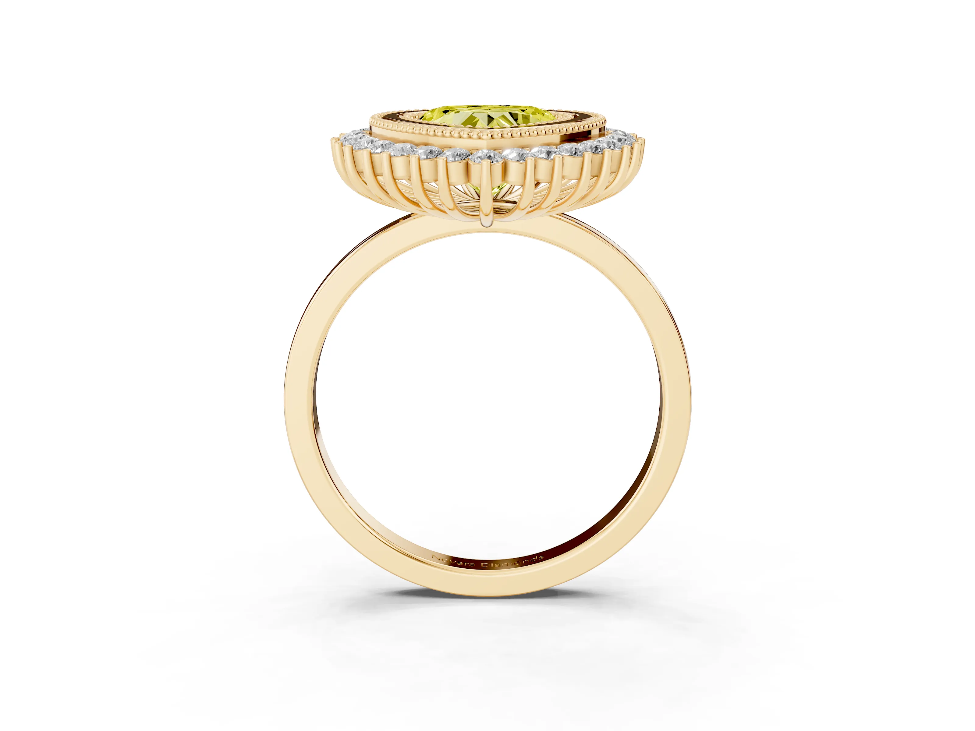 Fancy Yellow Heart Cut Diamond Halo Ring Set in Yellow gold with Milgrain Edge and Round Prong Setting