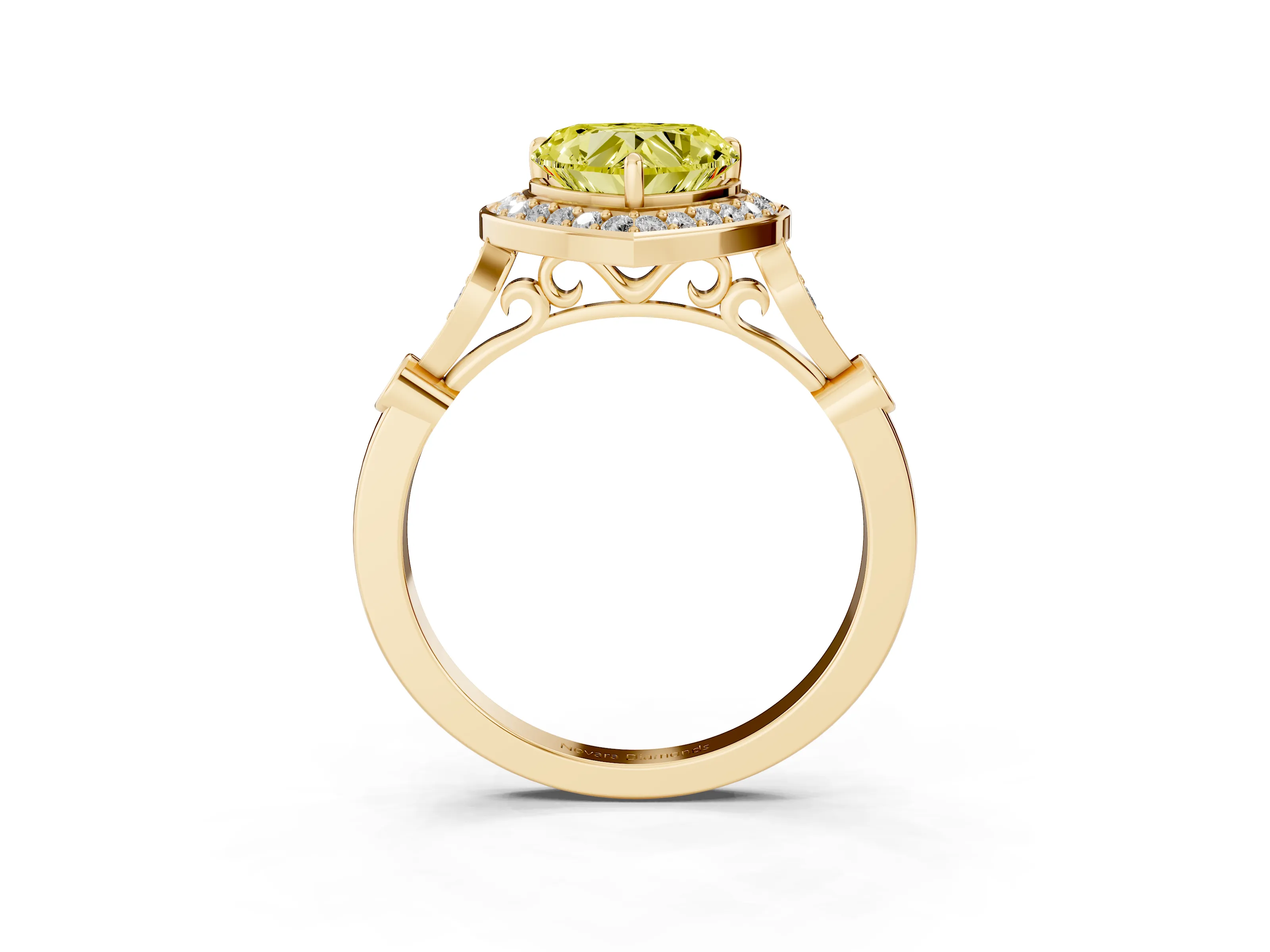 Fancy Yellow Heart Cut Diamond Halo Engagement Ring Set in Yellow gold with Twisted Band and Prong Setting
