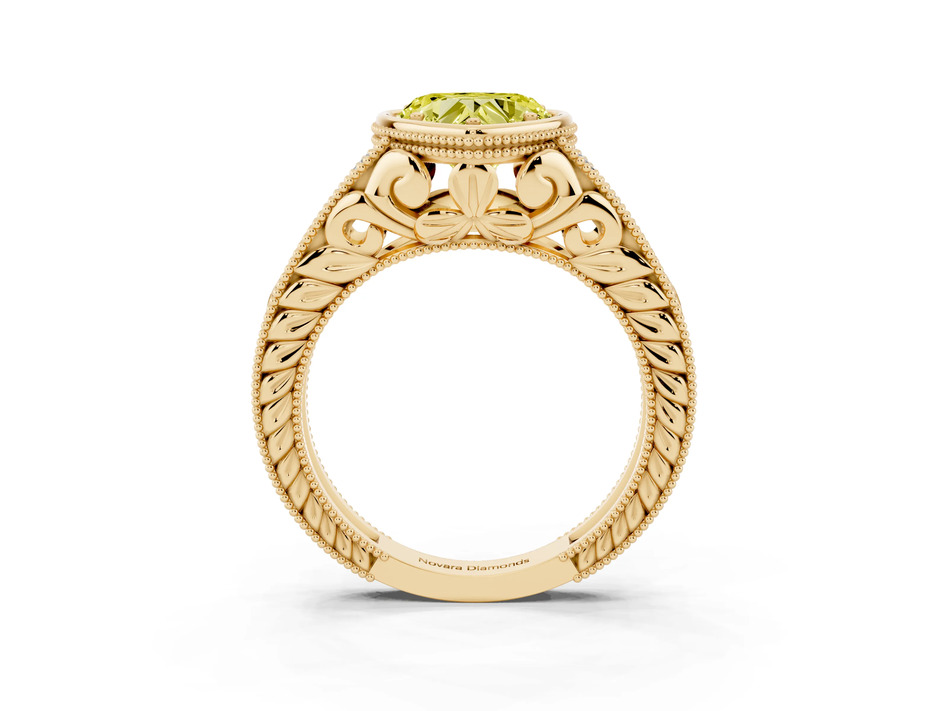 Fancy Yellow Bezel Set Heart Cut Diamond Milgrain Pavé Engagement Ring Set in Yellow gold